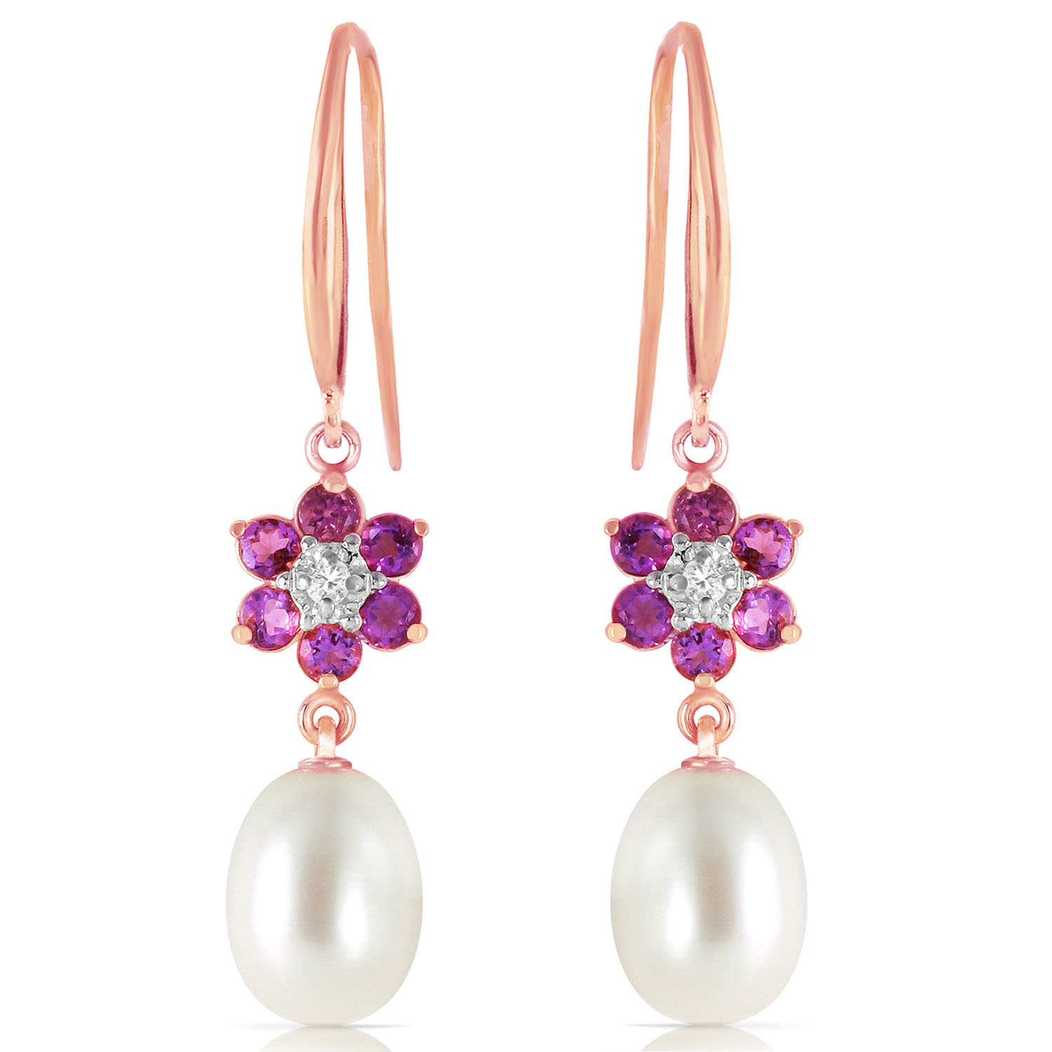 14K Solid Rose Gold Fish Hook Earrings with Diamonds, Amethysts  Cultured Pearls