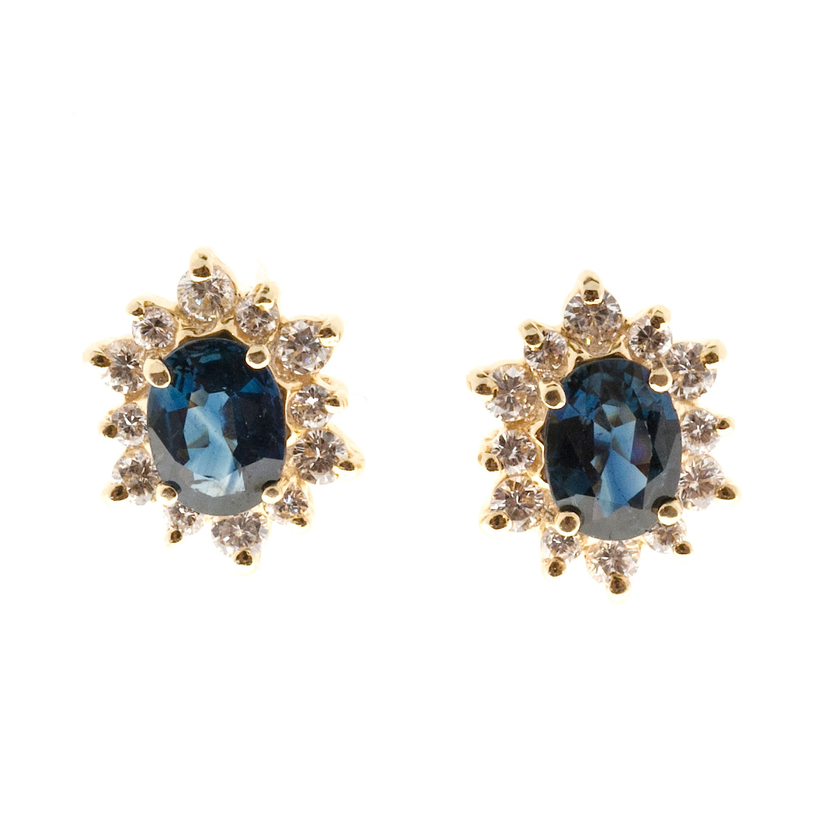 Vintage 14K Yellow Gold 2.00ct Blue Oval Sapphire  0.50ct Diamond Pierced Earrings
