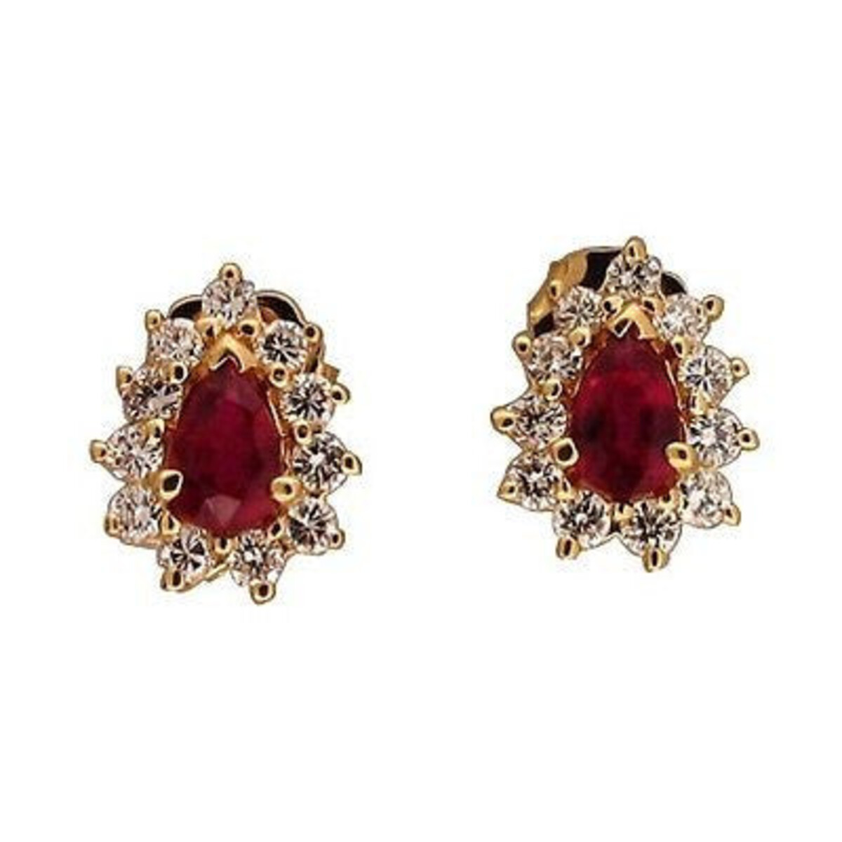 Vintage Bold Red Pear Shaped .95 Ct Ruby .60 Ct Full Cut Diamond 14K Gold Earrings