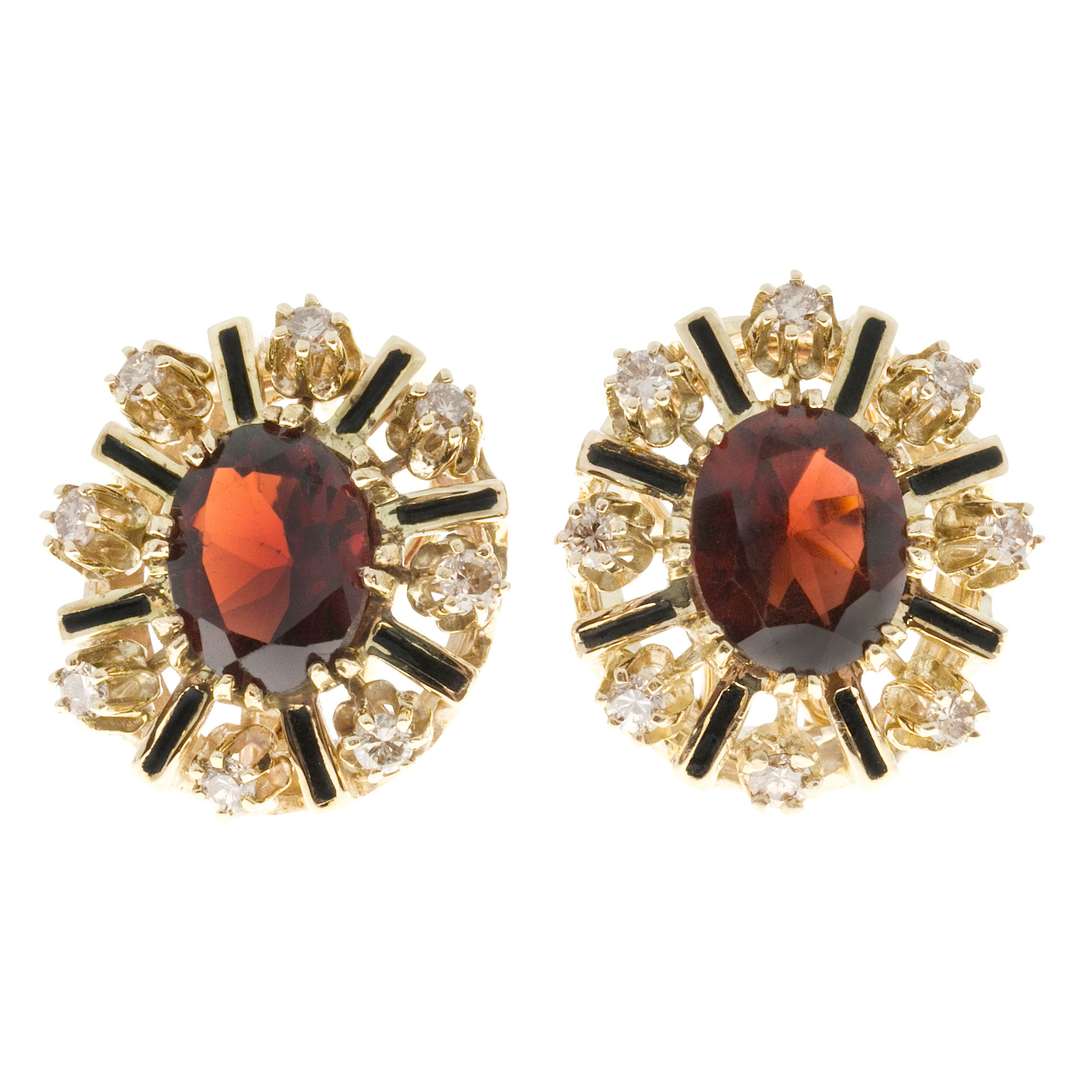 14K Yellow Gold with 4.20ct. Garnet  0.56ct. Diamond Enamel Earrings