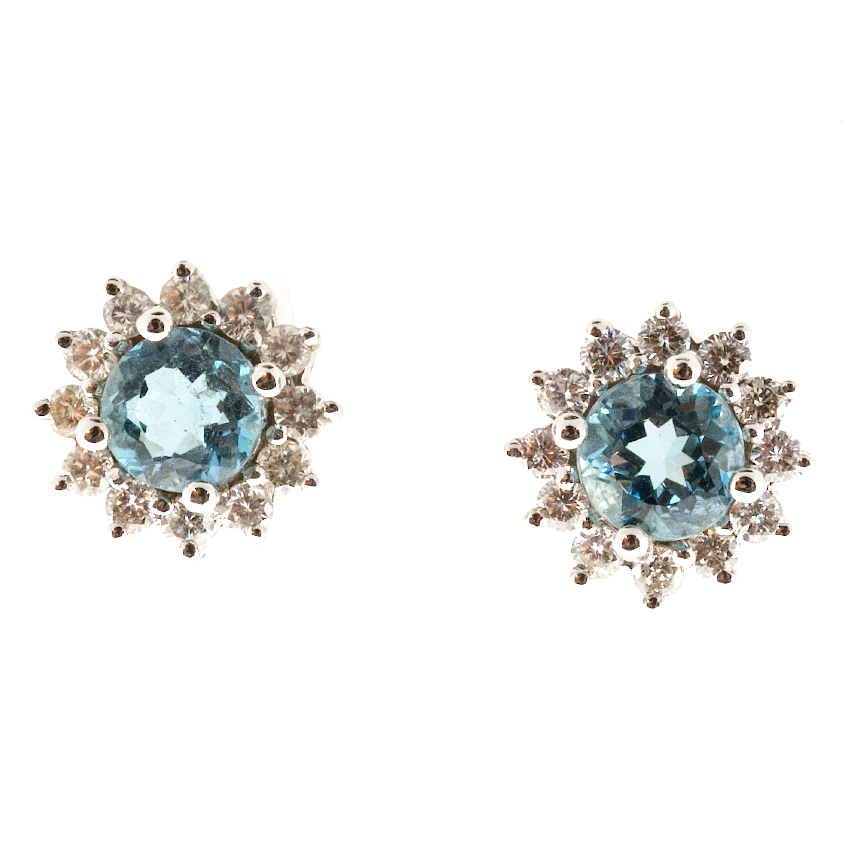 14K White Gold 1.35ct Aqua  0.75ct Diamond Cluster Earrings