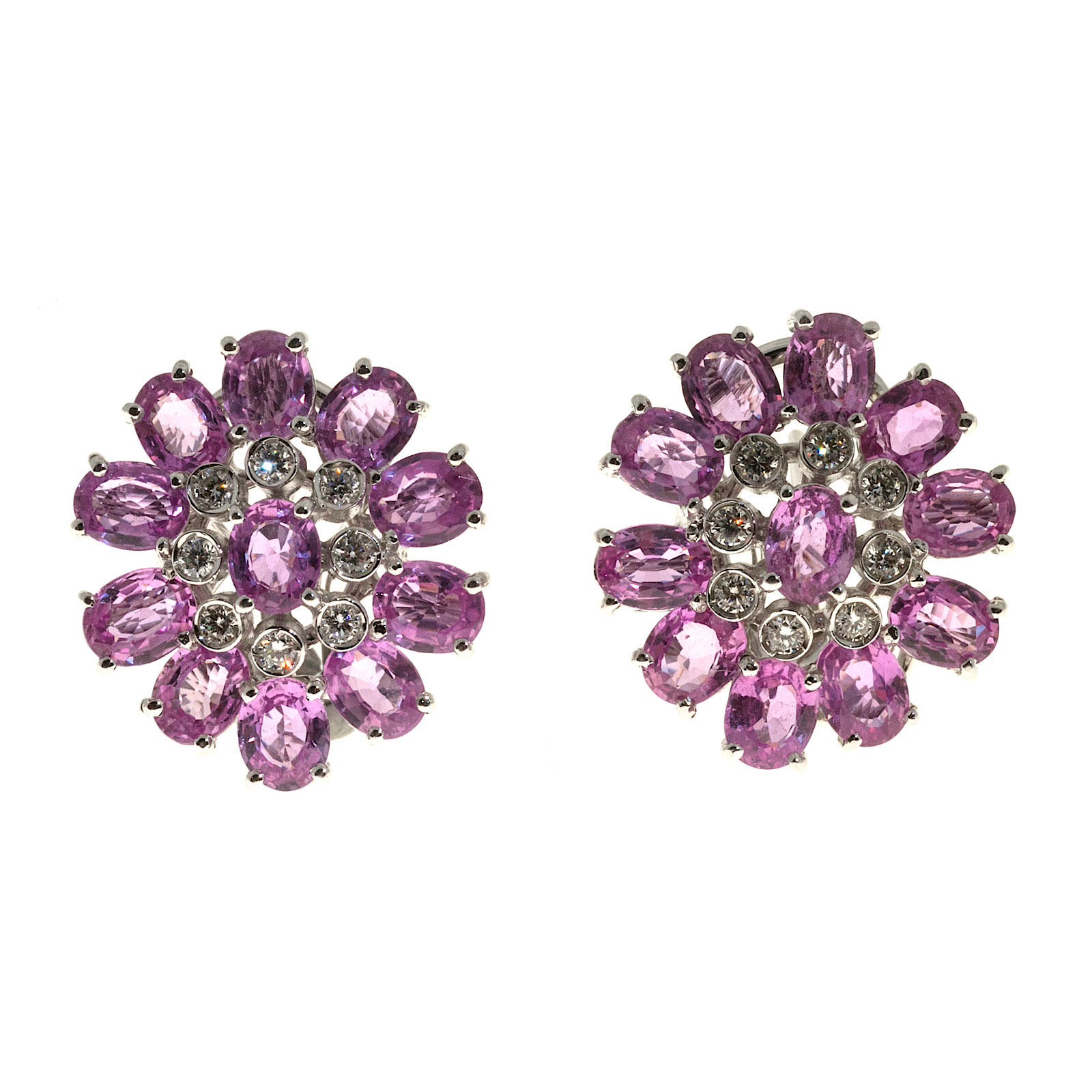 18K White Gold 11.00ct Pink Sapphire  Diamond Cluster Earrings