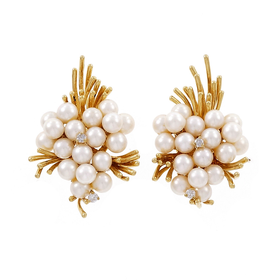 Vintage 18k Yellow Gold Spray Design Cultured Pearl Diamond Clip Post Earrings 