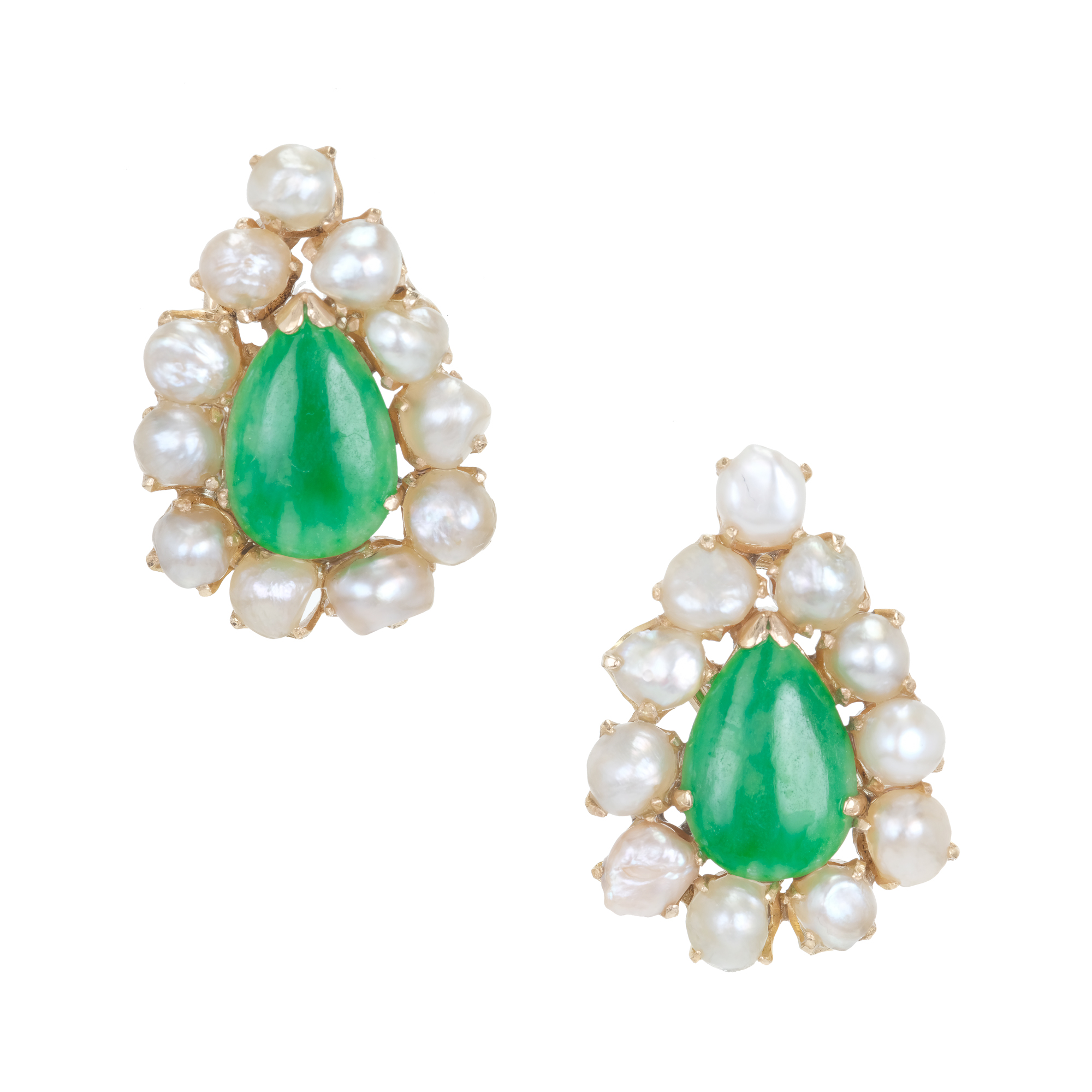 14K Yellow Gold Jadeite Jade  Pearl Earrings
