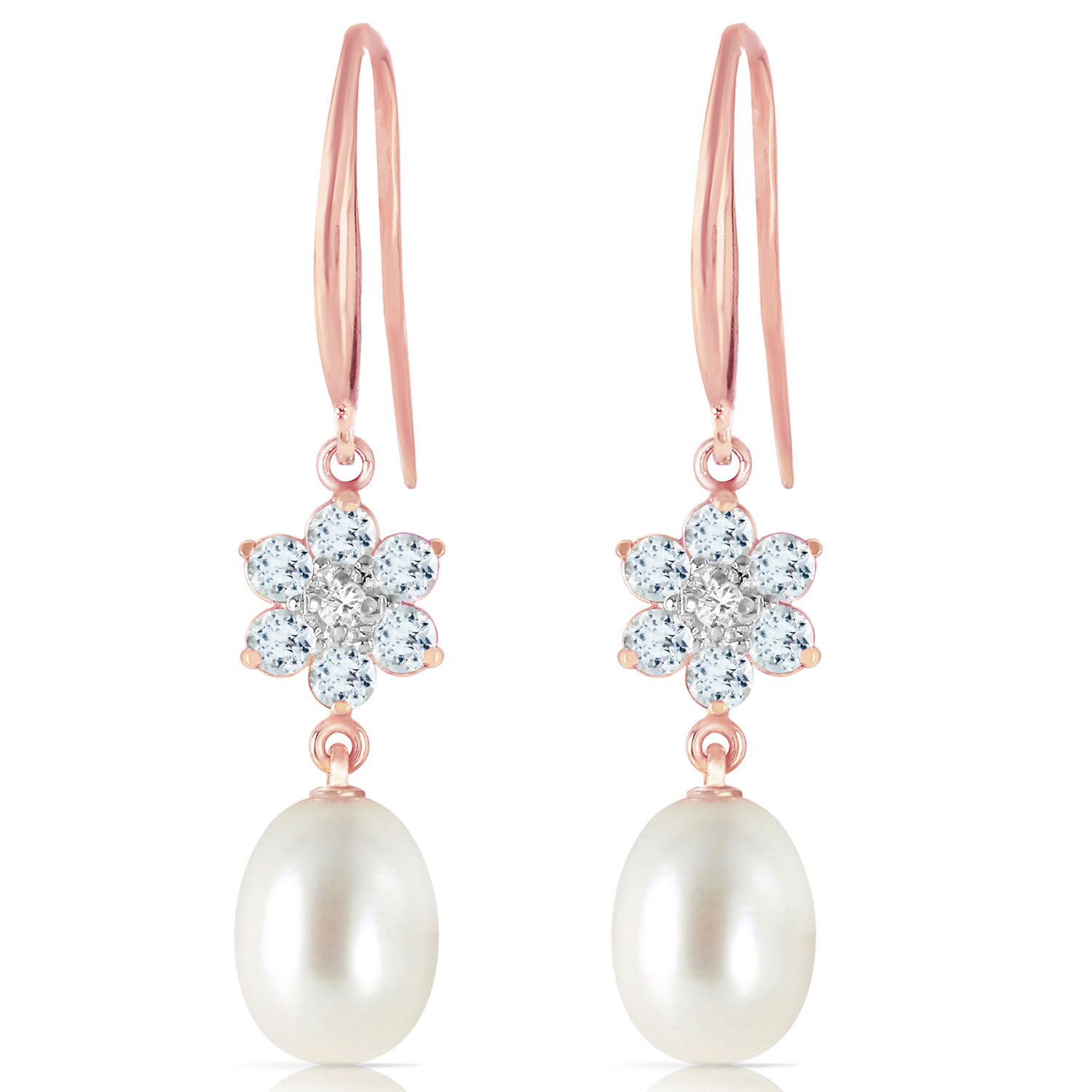 14K Solid Rose Gold Fish Hook Earrings with Diamonds, Aquamarines  Cultured Pearl