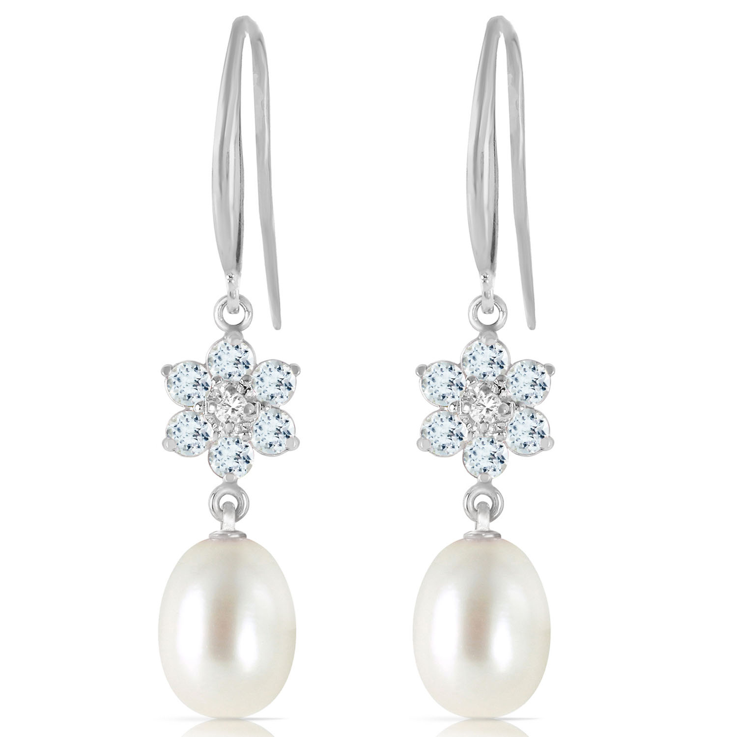 9.01 CTW 14K Solid White Gold Fish Hook Earrings Diamond, Aquamarine