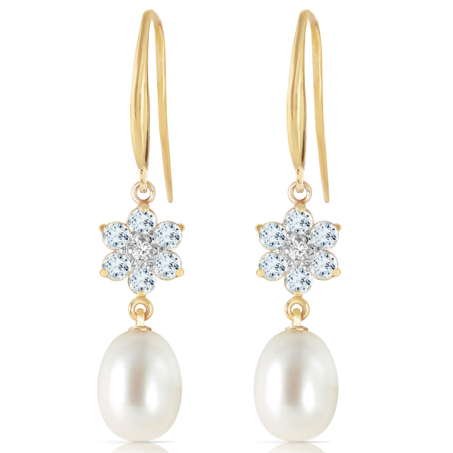 9.01 CTW 14K Solid Gold Fish Hook Earrings Diamond, Aquamarine Cultured Pearl