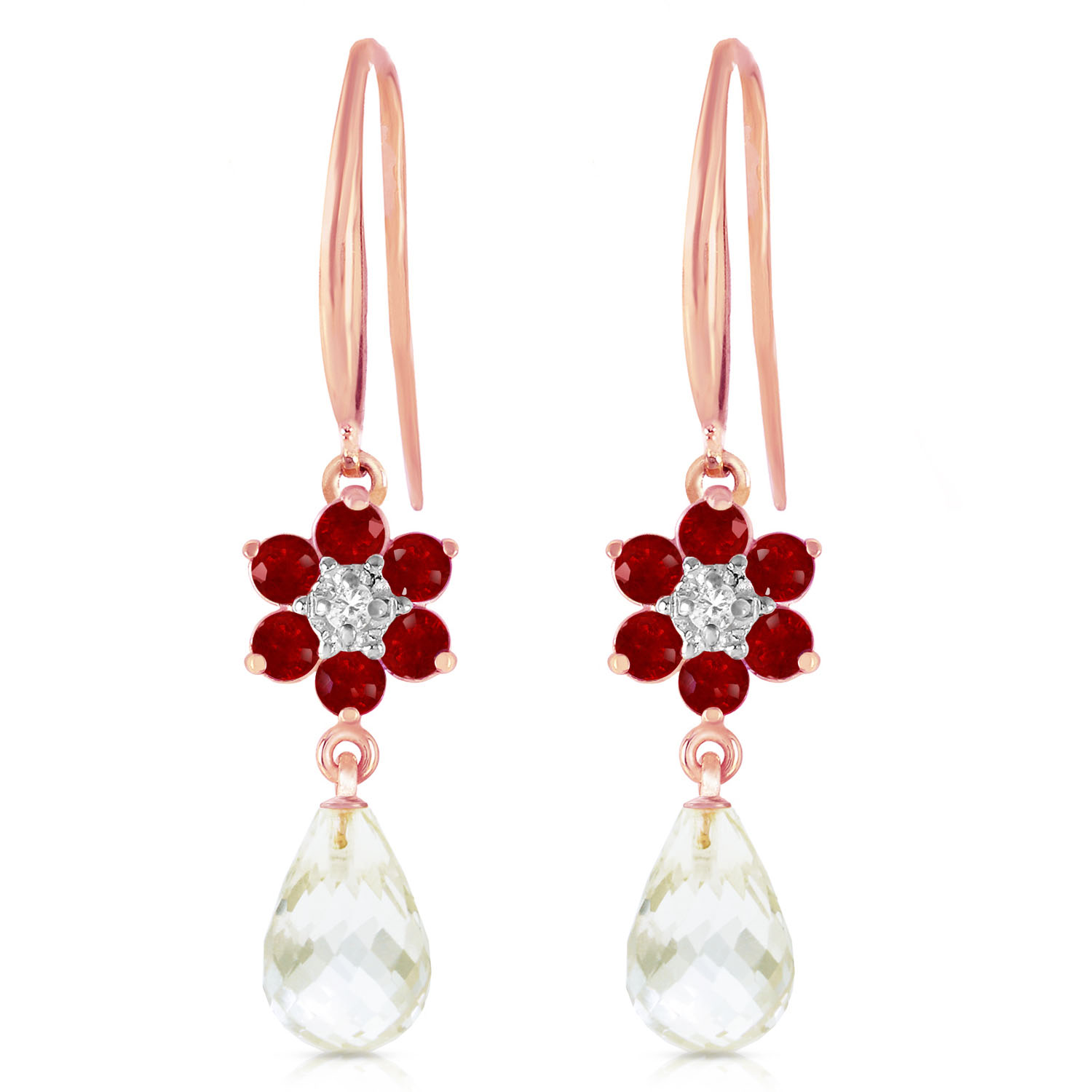 14K Solid Rose Gold Hook Earrings withDiamonds, Rubies  Rose Topaz