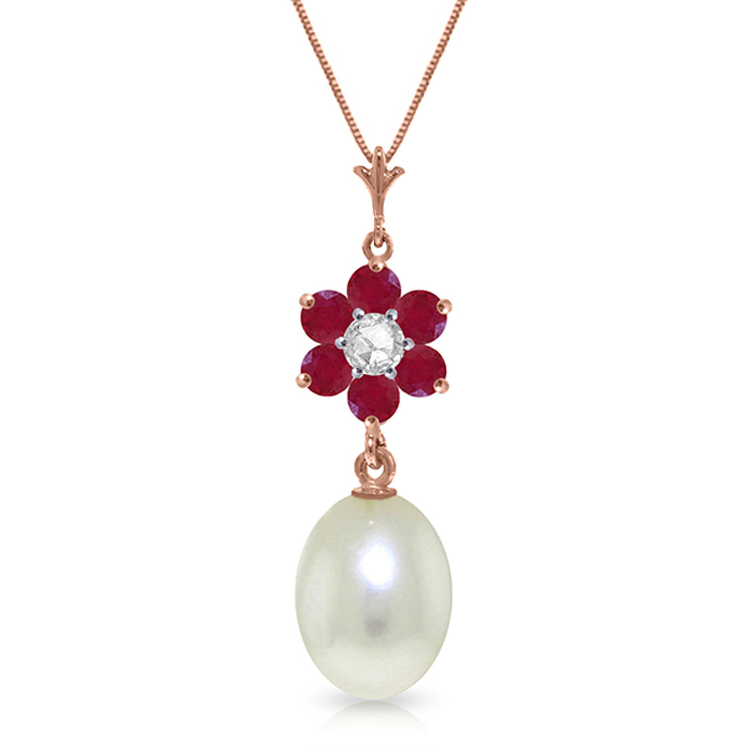 4.53 CTW 14K Solid Rose Gold Necklace Natural Cultured Pearl, Ruby Diamond
