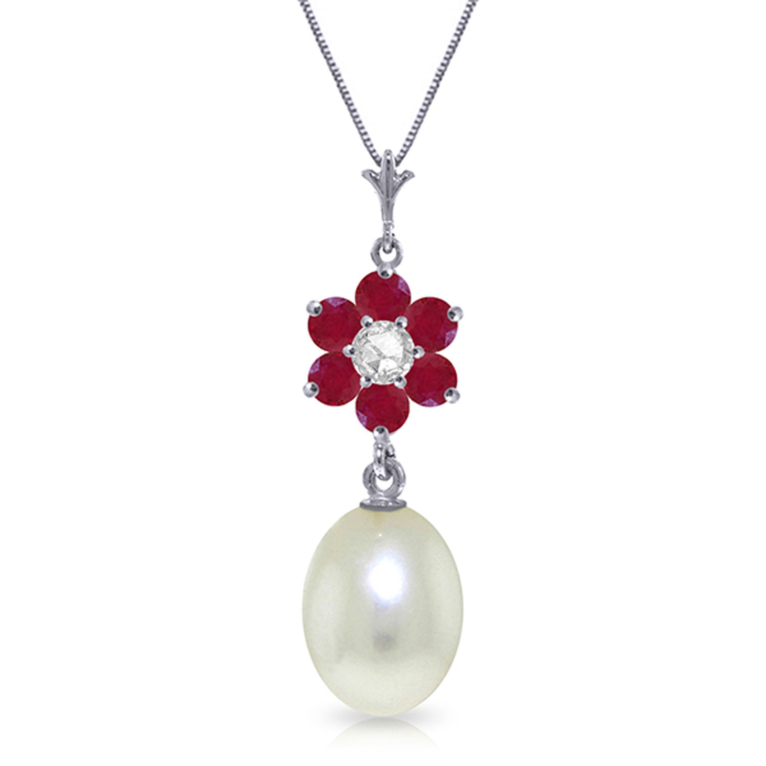 4.53 CTW 14K Solid White Gold Necklace Natural Cultured Pearl, Ruby Diamond