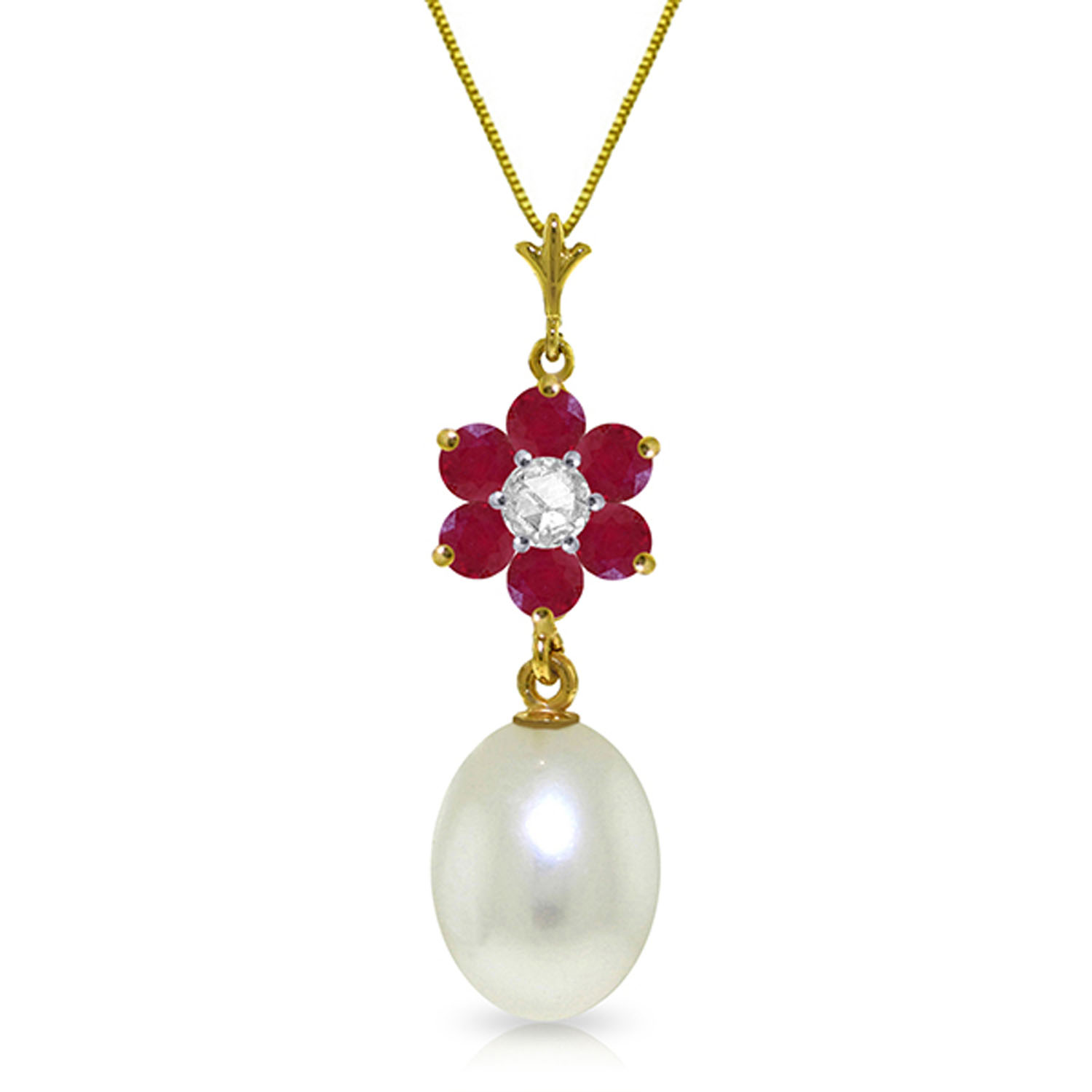 4.53 CTW 14K Solid Gold Necklace Natural Cultured Pearl, Ruby Diamond