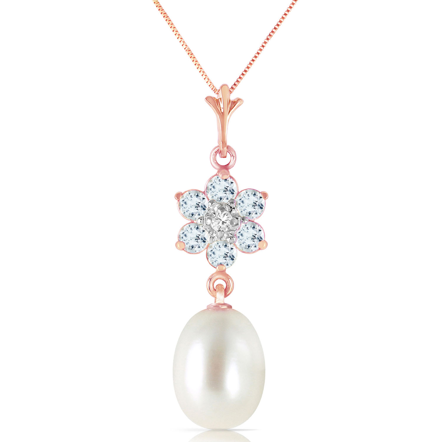 4.53 CTW 14K Solid Rose Gold Necklace Natural Cultured Pearl, Aquamarine Diamond