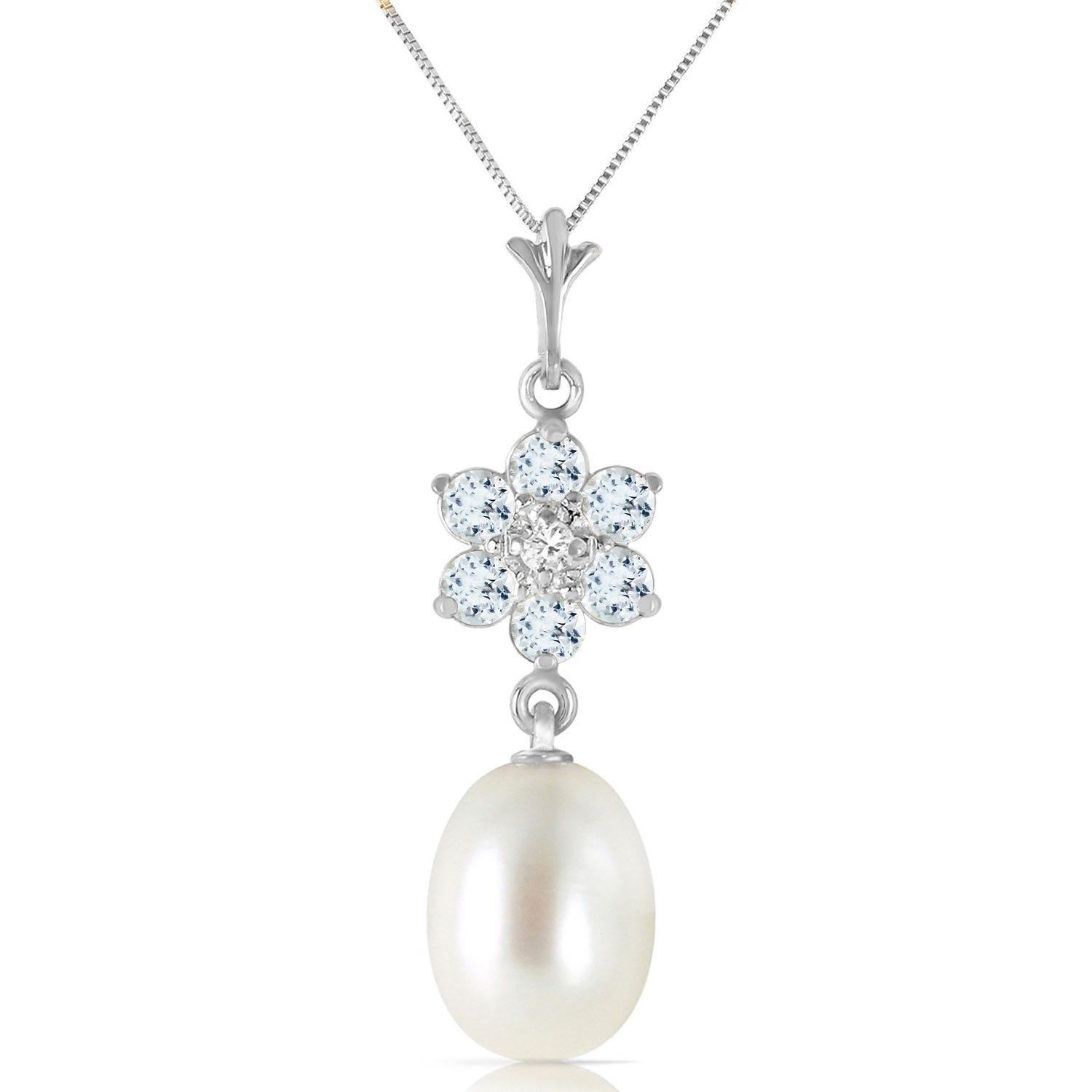 4.53 CTW 14K Solid White Gold Necklace Natural Cultured Pearl, Aquamarine Diamond