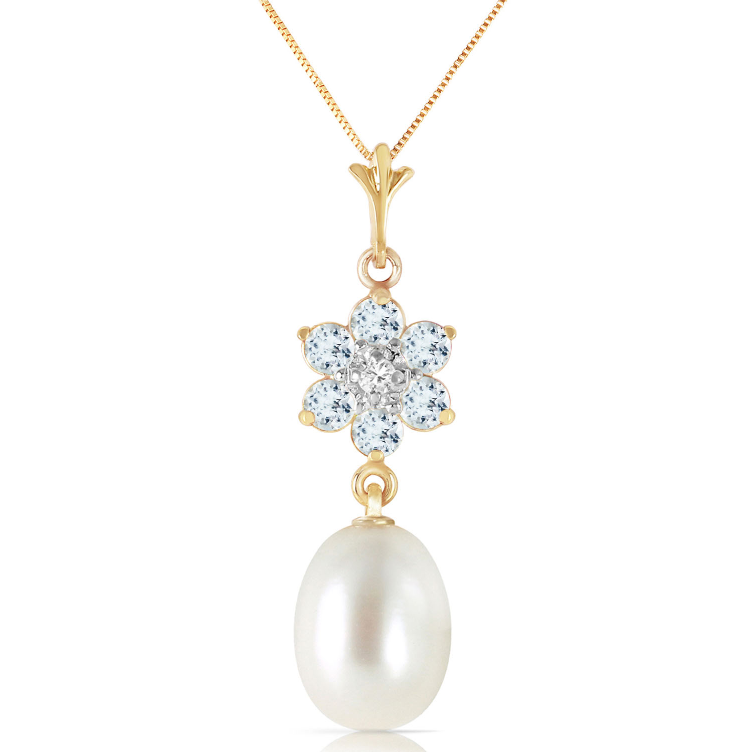 4.53 CTW 14K Solid Gold Necklace Natural Cultured Pearl, Aquamarine Diamond