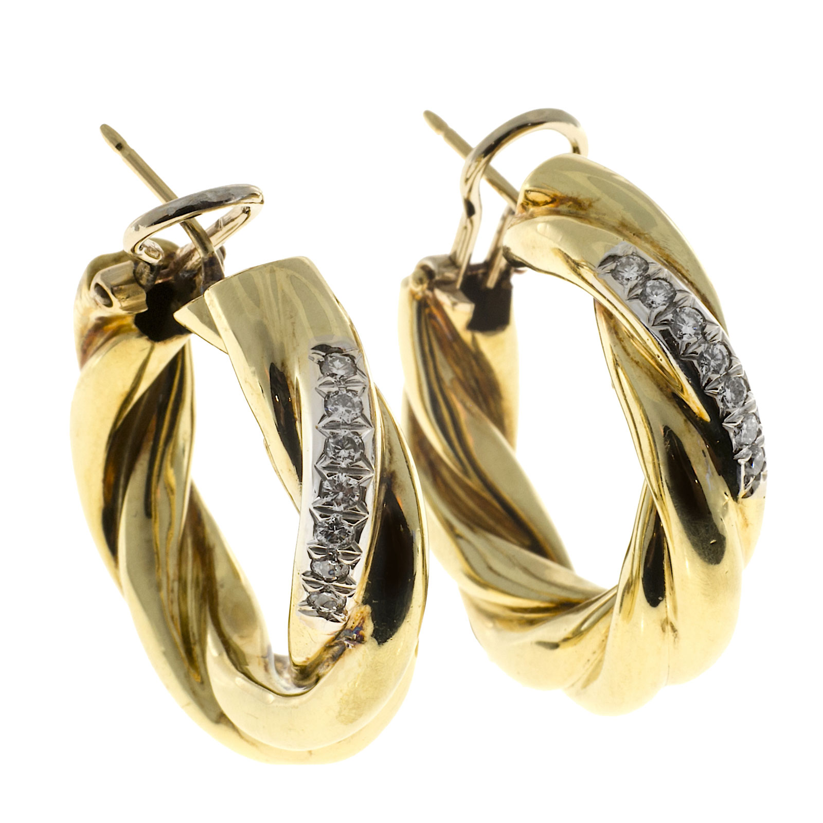 18K Yellow Gold .28ct Diamond Twist Tubing Hoop Earrings 