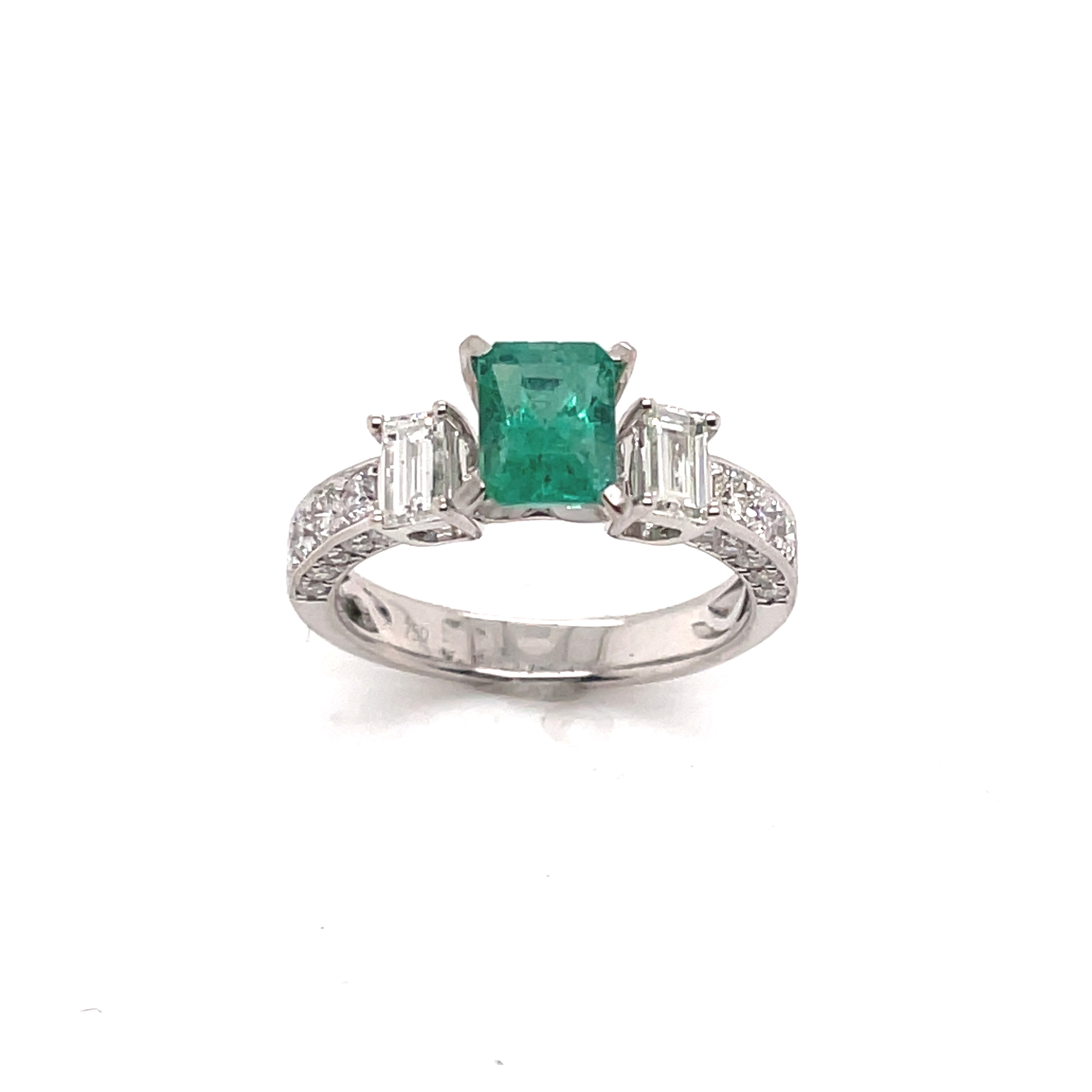 Emerald and Diamond Three Stone Ring in 18K White Gold
