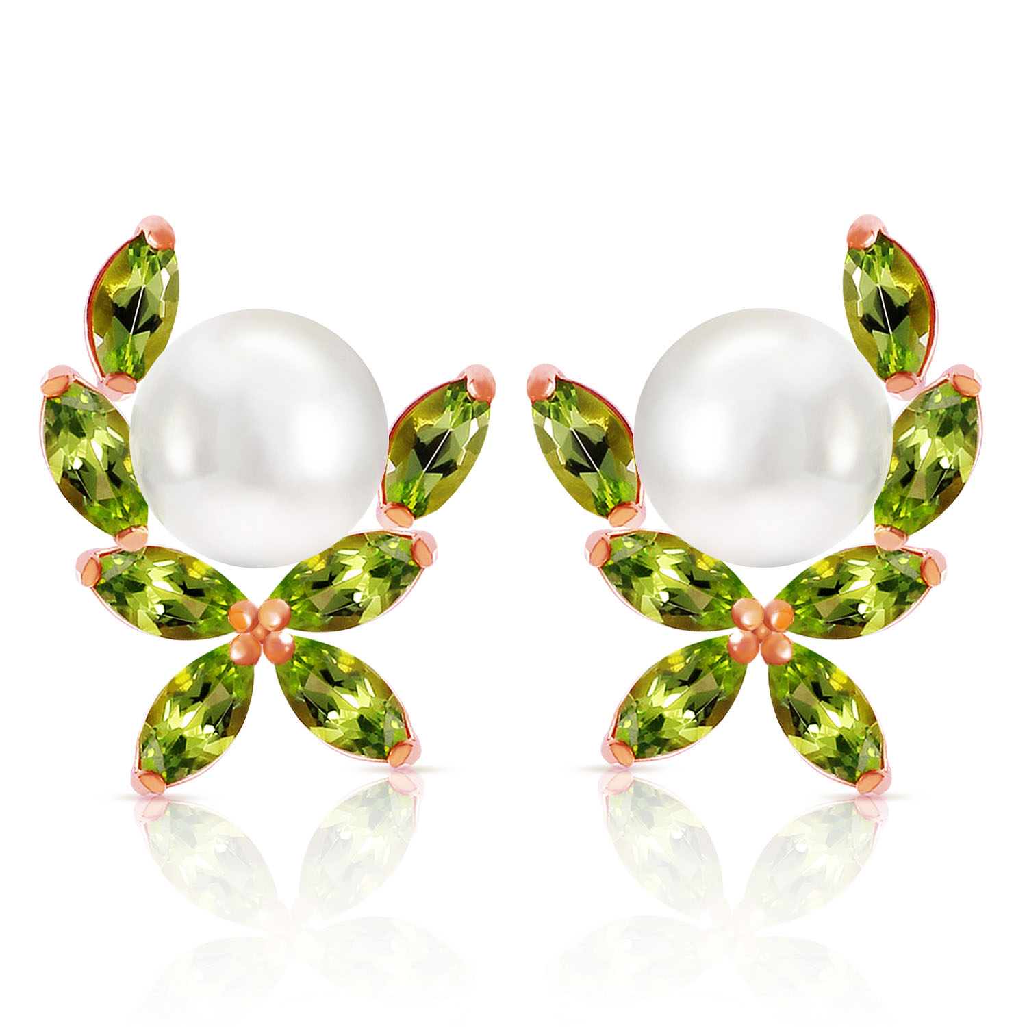 14K Solid Rose Gold Stud Earrings with Natural Peridots  Cultured Pearls