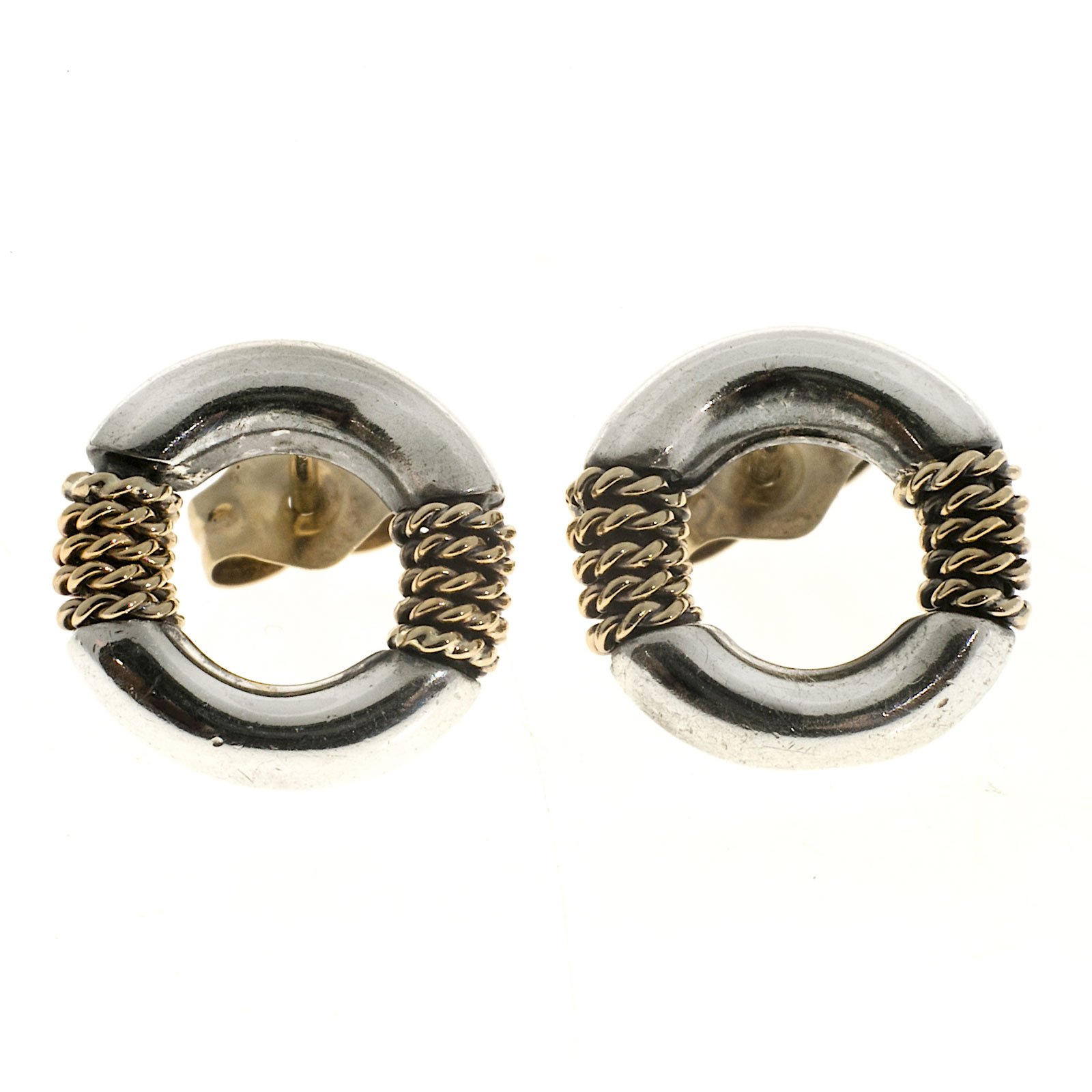 Vintage Tiffany  Co Sterling  14k Twisted Rope Round Circle Stud Earrings