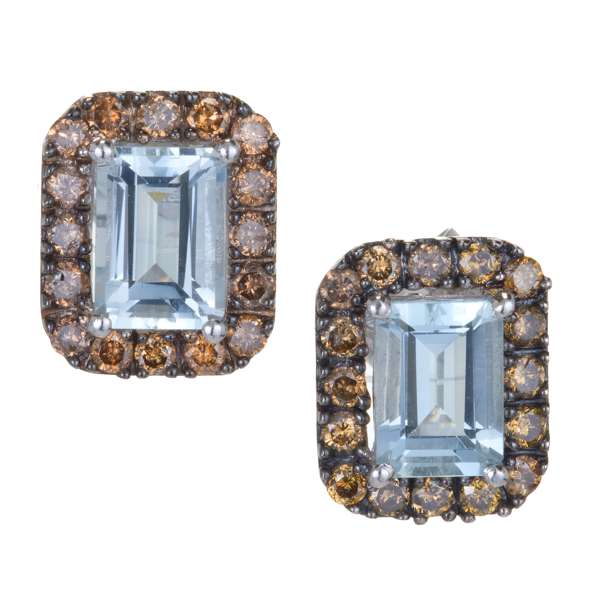 14K White Gold 1.75ct Aqua  0.50cts Brown Diamond Pierced Earrings