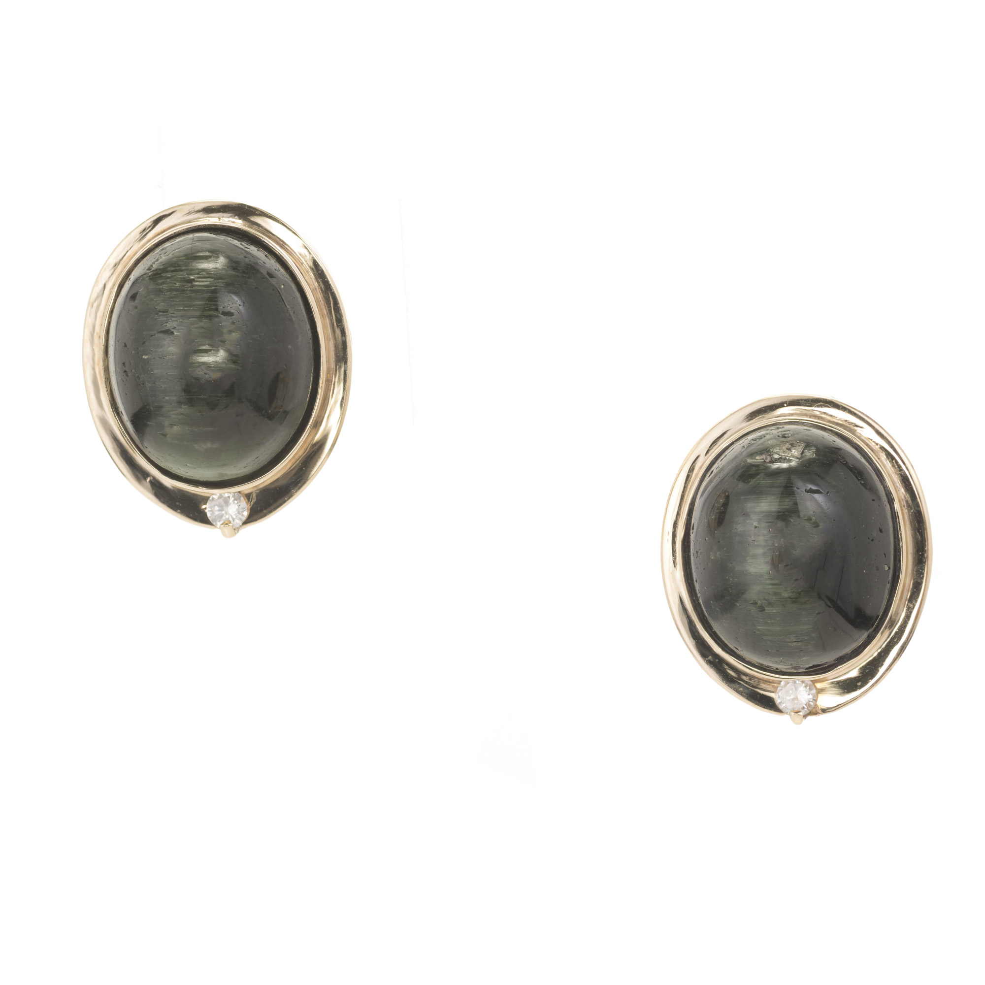 14k Yellow Gold Oval Green Tourmaline Cats Eye Diamond Clip Post Earrings
