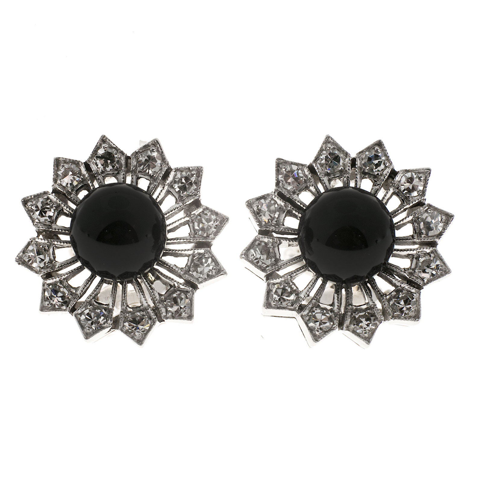 14K White Gold Black Onyx and Diamond Button Clip Post Earrings