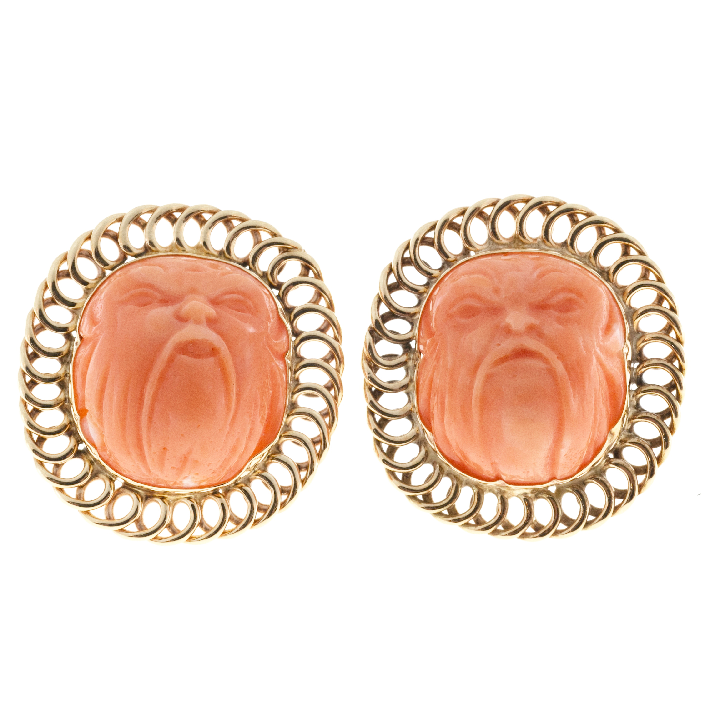 Vintage 14K Yellow Gold Spectacular High Relief Carved Angel Skin Coral Earrings