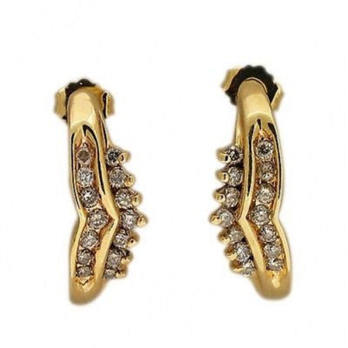 Vintage 1970s Solid 14K Gold 28 Round Diamond Curved Pierced Post Earrings