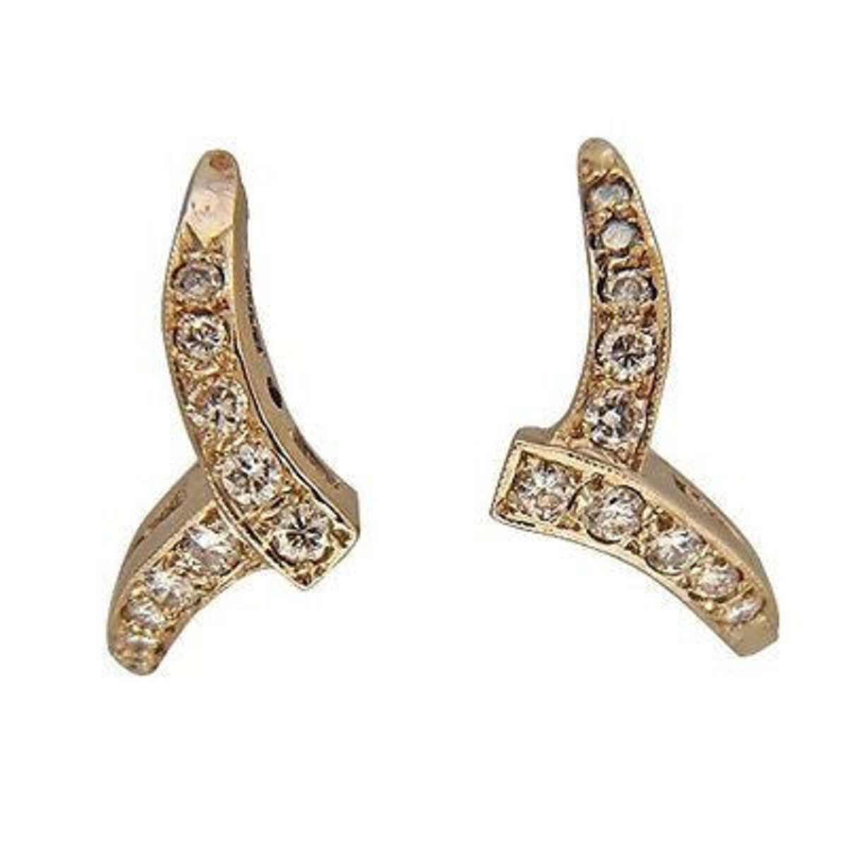 Vintage 1950 14K Gold Angular Curved Top 20 Micro Pave Full Cut Diamond Earrings
