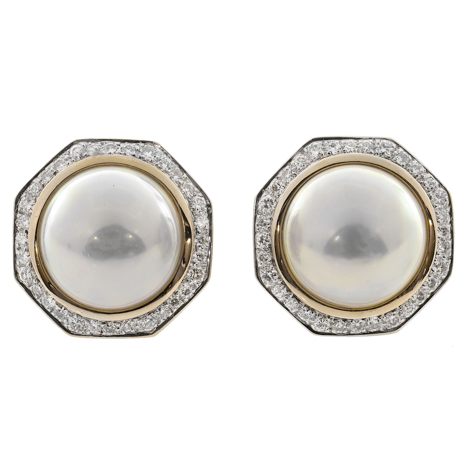 18K Yellow Gold Mobe Pearl  Diamond Octagonal Clip Post Earrings