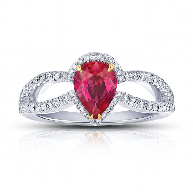 David Gross Pear Shape Ruby and Diamond Platinum Ring