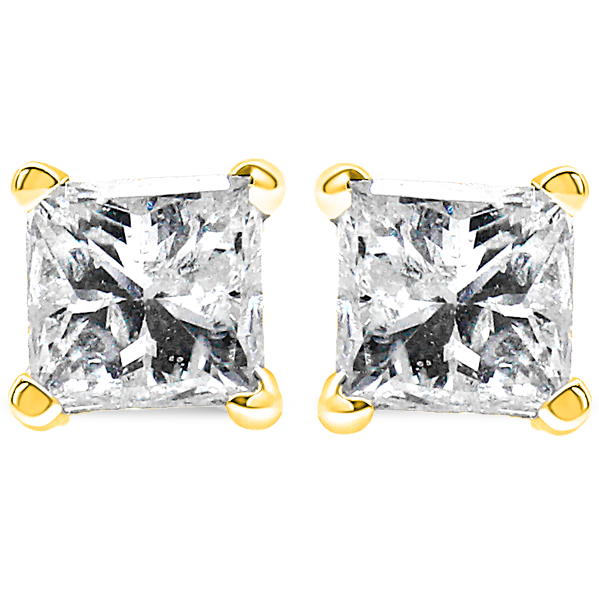 AGS Certified 14K Yellow Gold 1/5 Cttw 4-Prong Set Princess-Cut Solitaire Diamond Push Back Stud Earrings (H-I Color, I1-I2 Clarity)