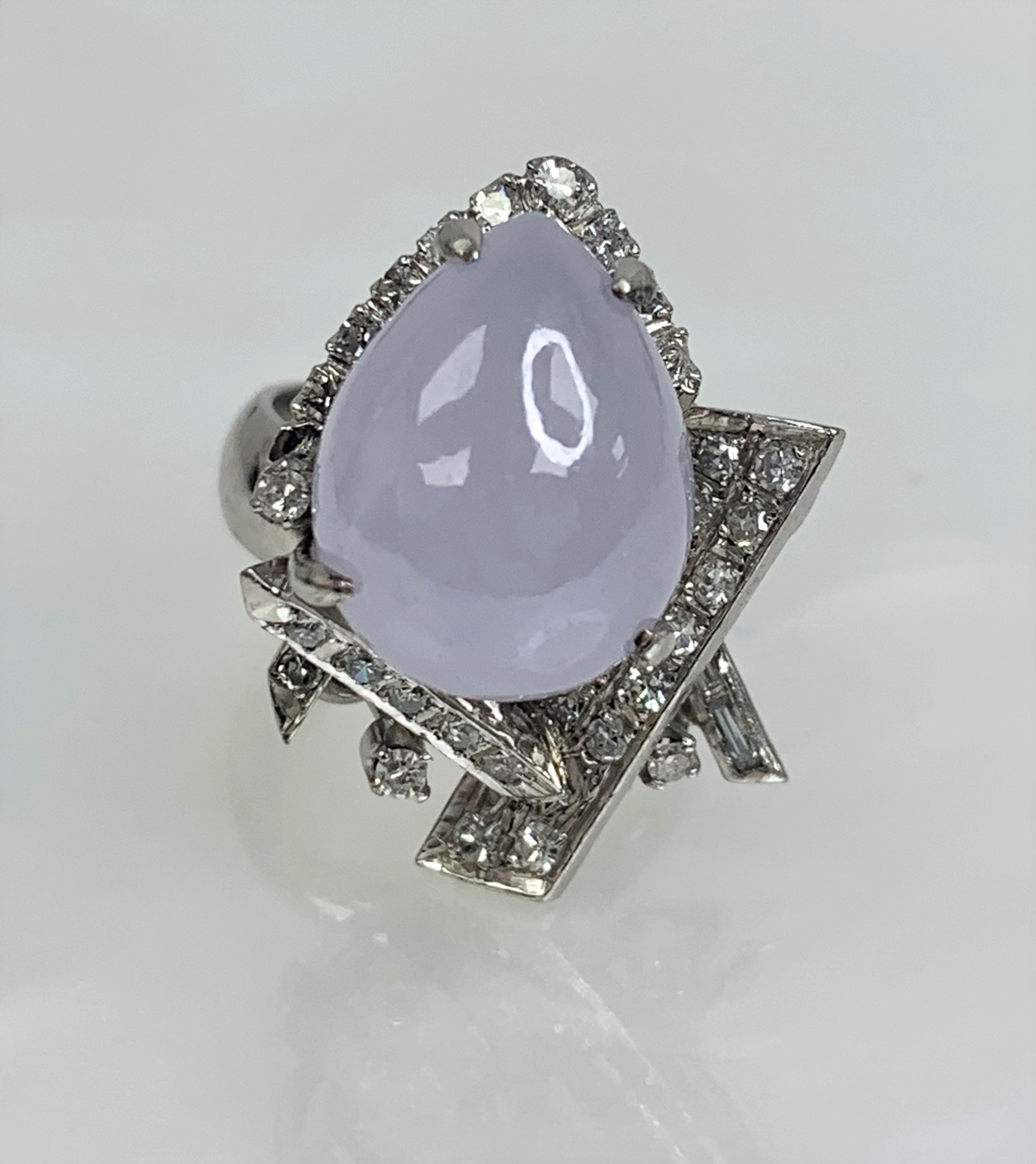 14K White Gold Pear Shaped Jadeite Diamond Ring