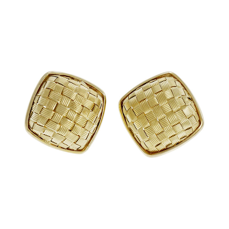 14K Yellow Gold Basket Weave Domed Earrings 