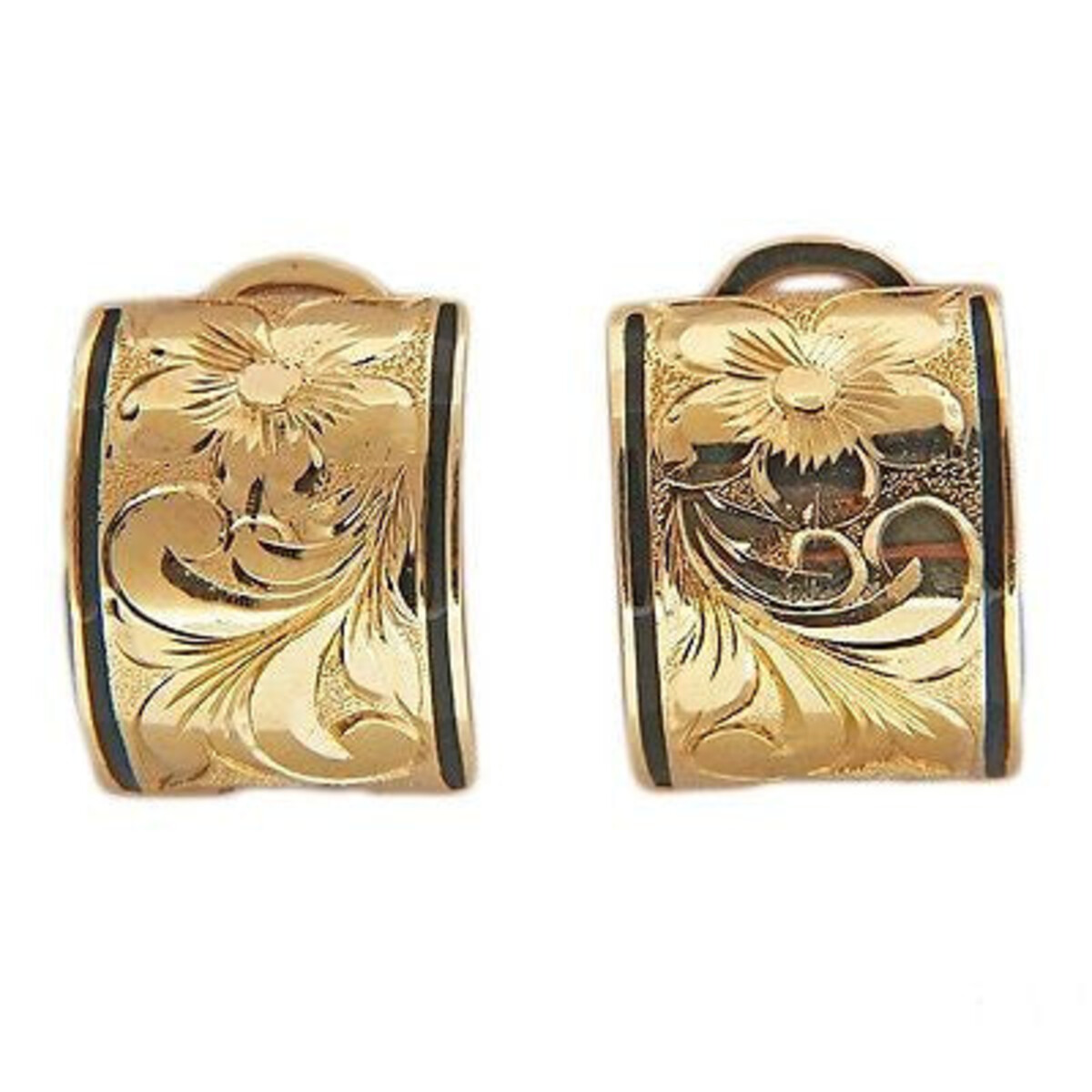 3/4 Inch Domed Earrings Hand Engraved Black Enamel Striped Edge Clip And Post