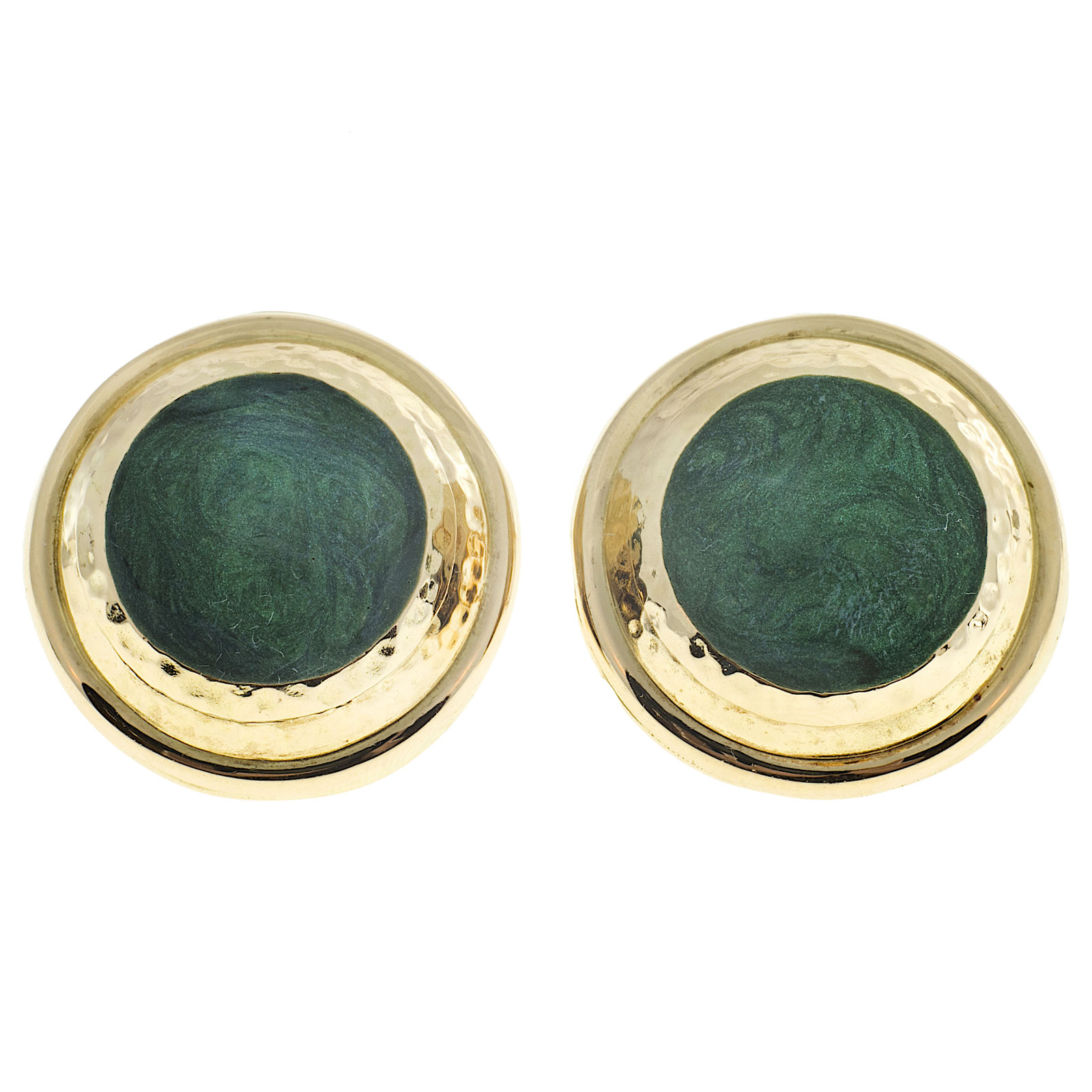 18K Yellow Gold Green Enamel Round Dome Earrings