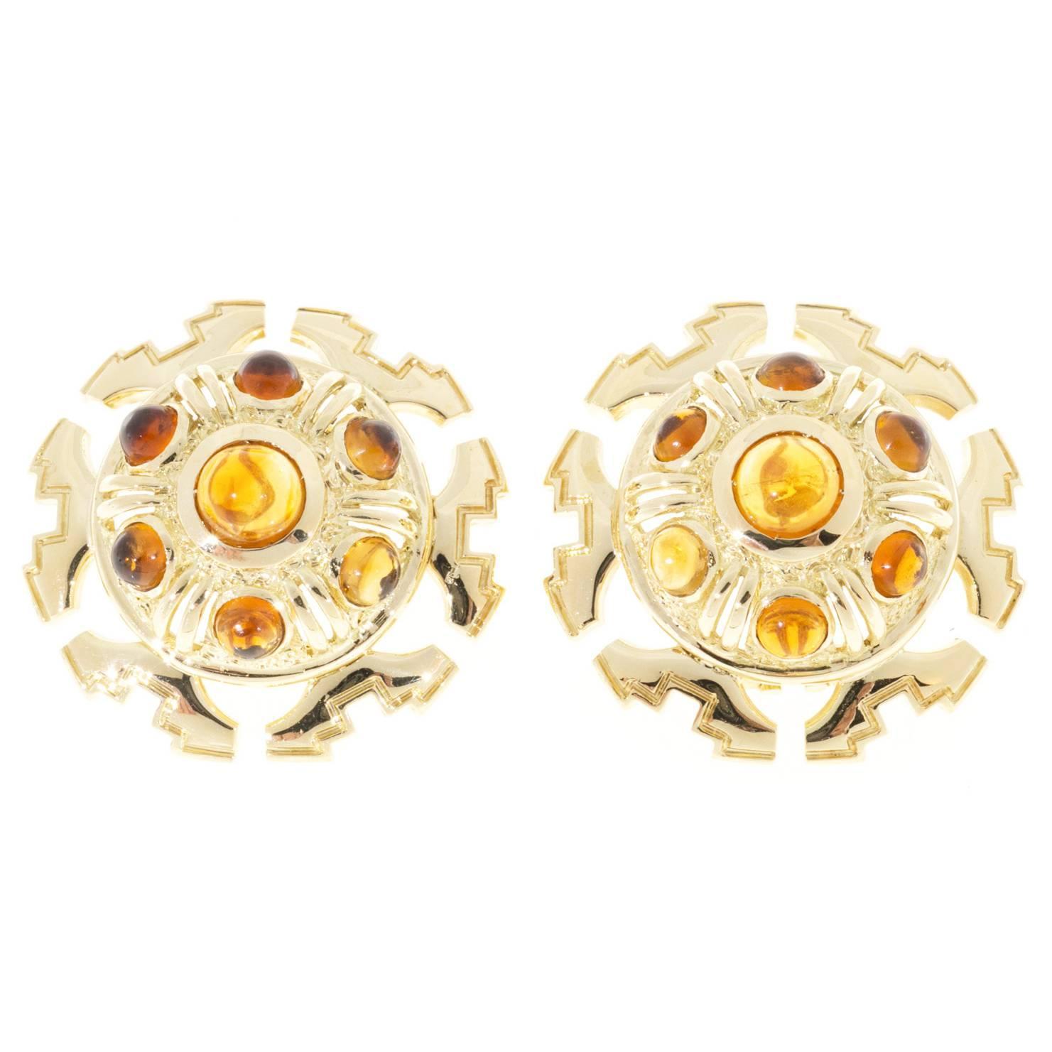 Vintage Tiffany  Co Citrine Cabochon 1970 18k Gold Clip Post Italian Earrings
