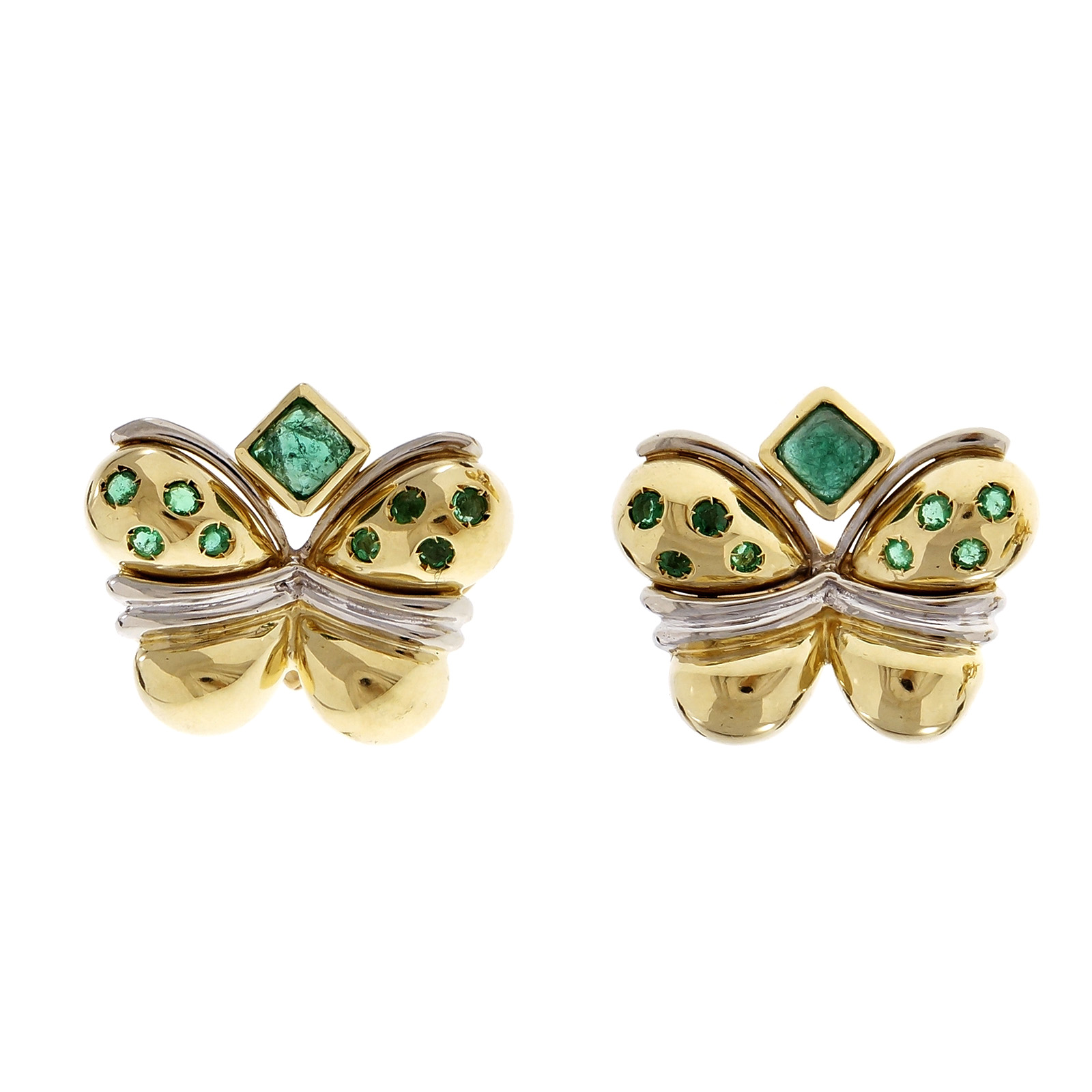 18K Yellow Gold Butterfly Emerald Clip Post Earrings 