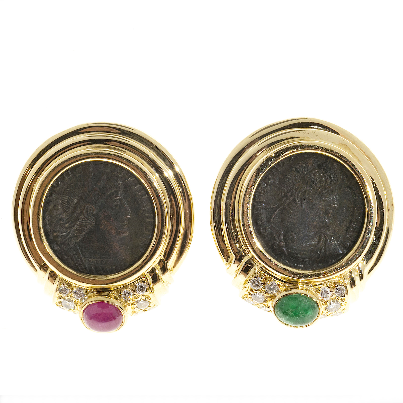 18K Yellow Gold Olsen Ruby Emerald Diamond Ancient Roman Coin Earrings 