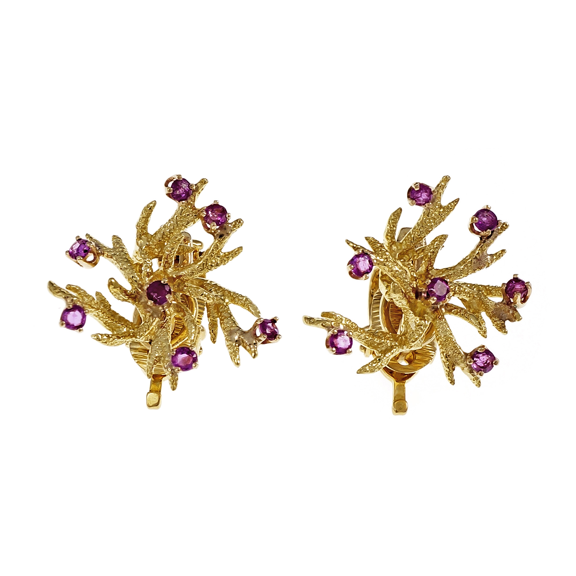 18K Yellow Gold Ruby Clip Post Textured Earrings 