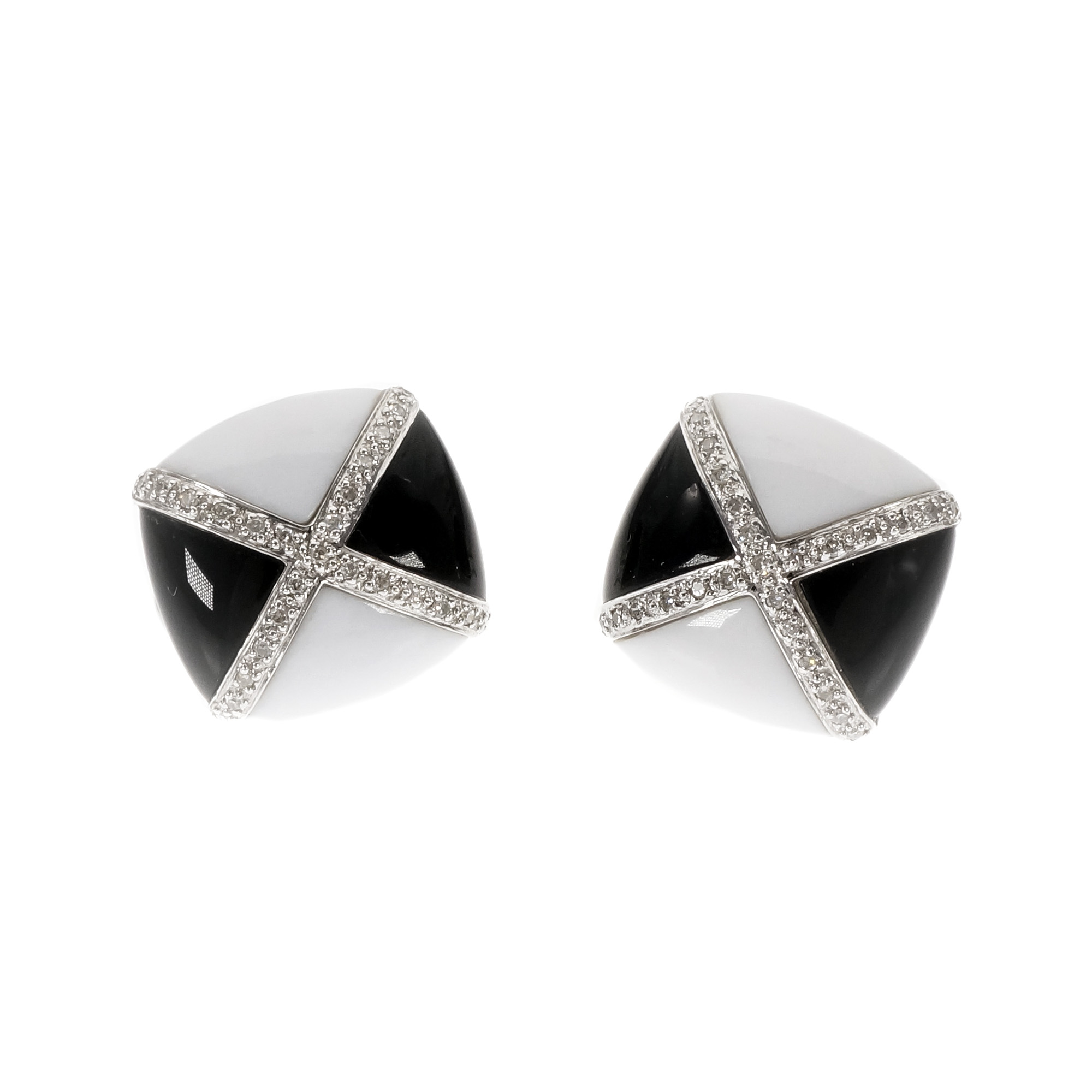 14K White Gold Diamond Onyx Agate “X” Design Earrings 