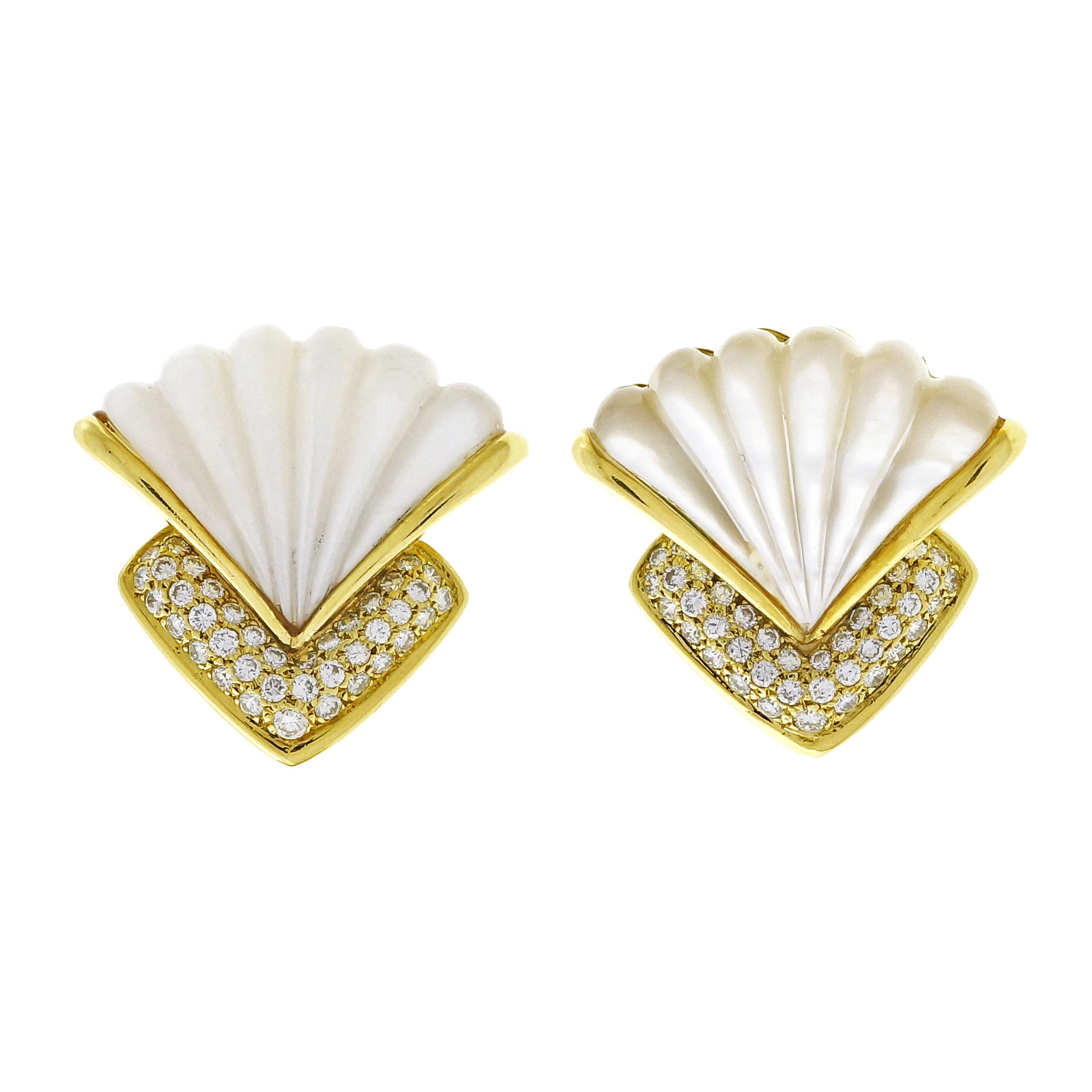 18K Yellow Gold Mother Of Pearl Pave Diamond Clip Post Earrings 