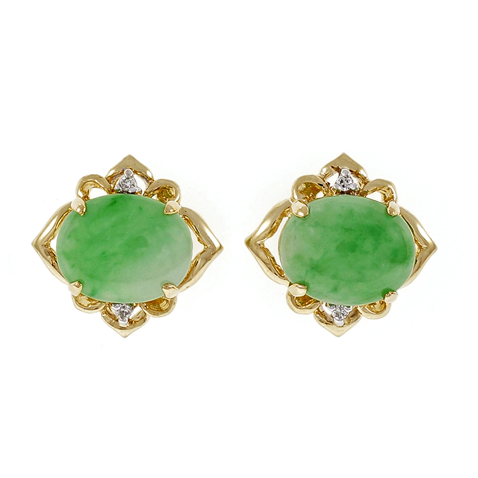 14K Yellow Gold Jadeite Jade  Diamond Earrings