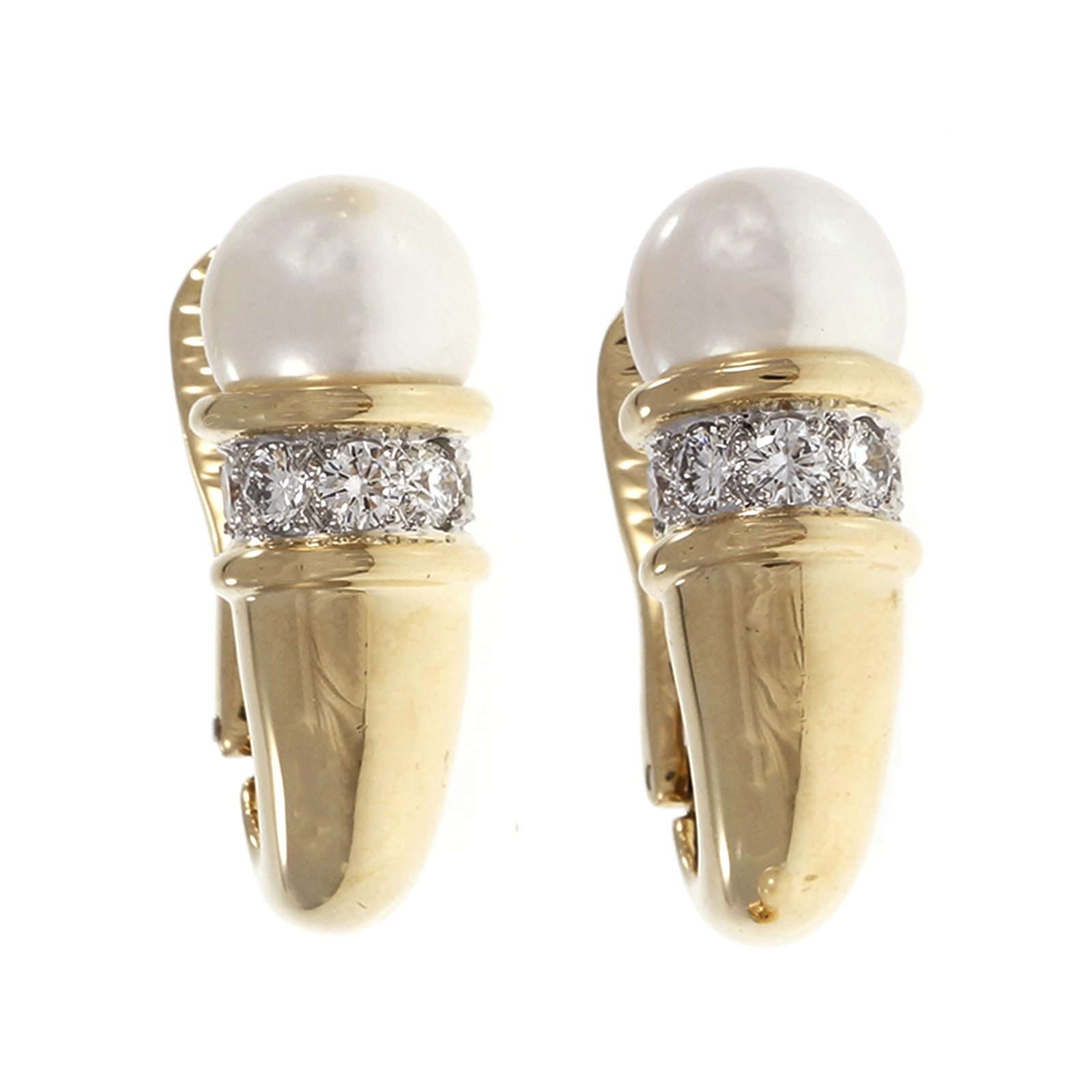 18K Yellow Gold Gumps Cultured Pearl Diamond Cornucopia Earrings 
