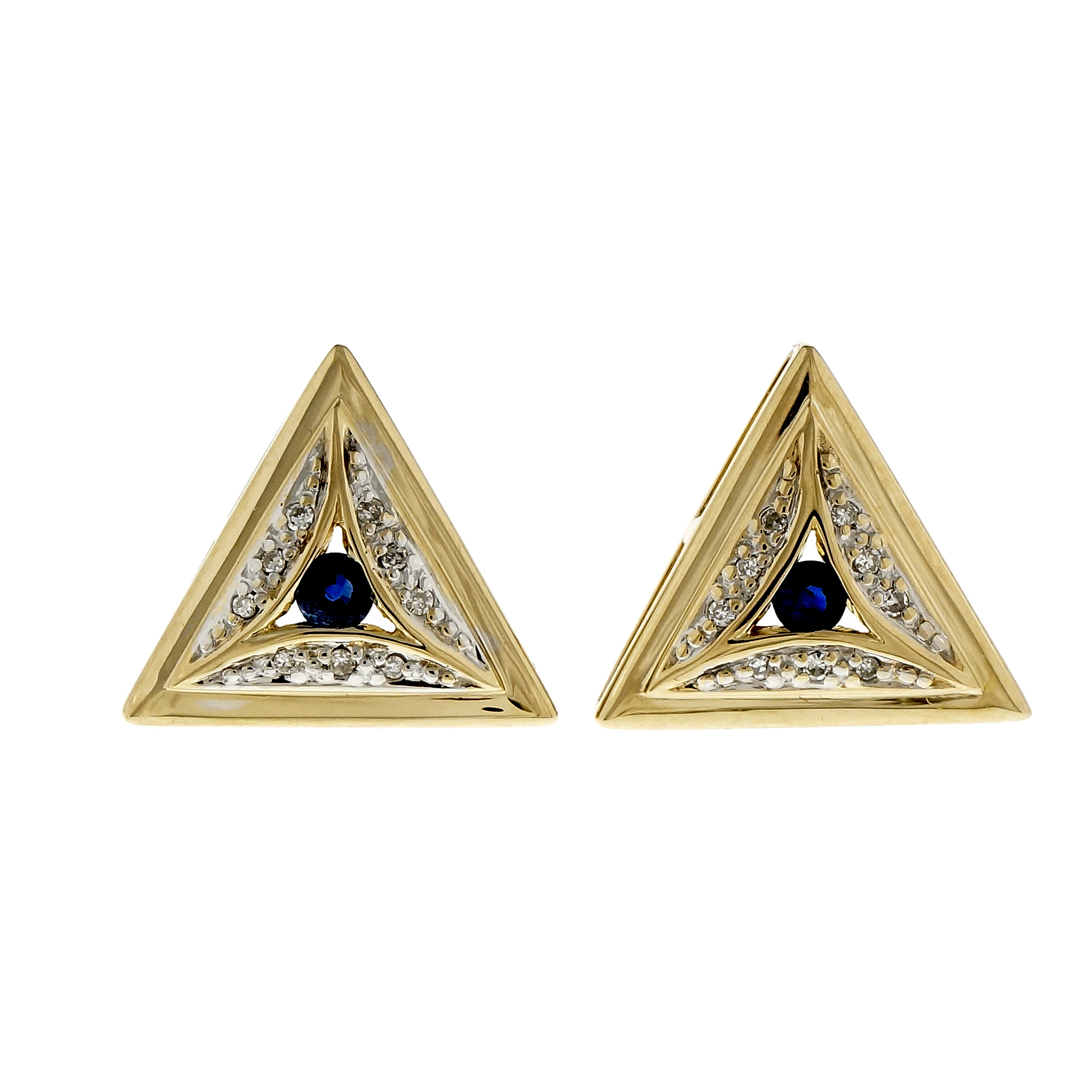 14K Yellow Gold Sapphire Diamond Triangular Earrings