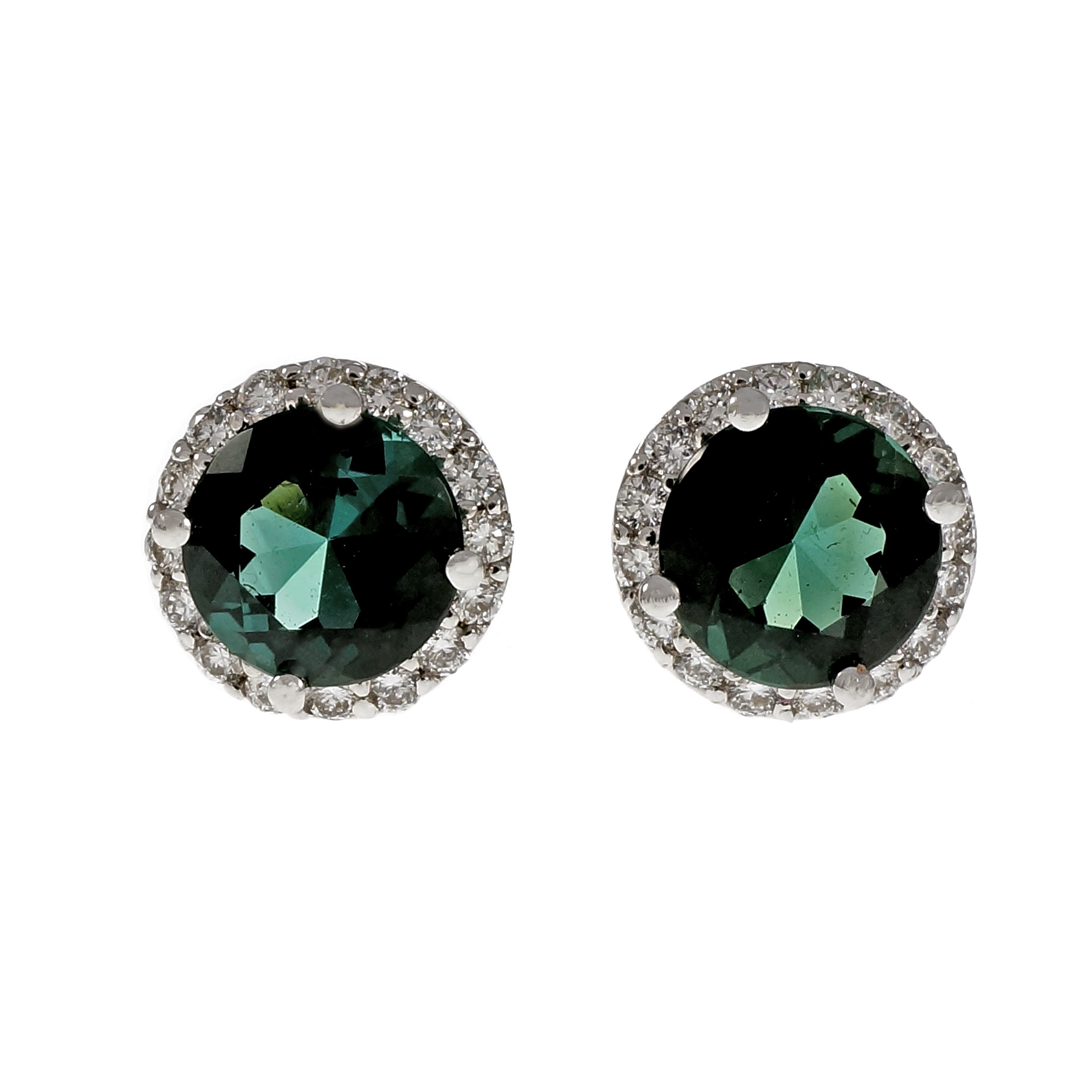 18K White Gold Diamond Green Tsavorite Tourmaline Halo Earrings 