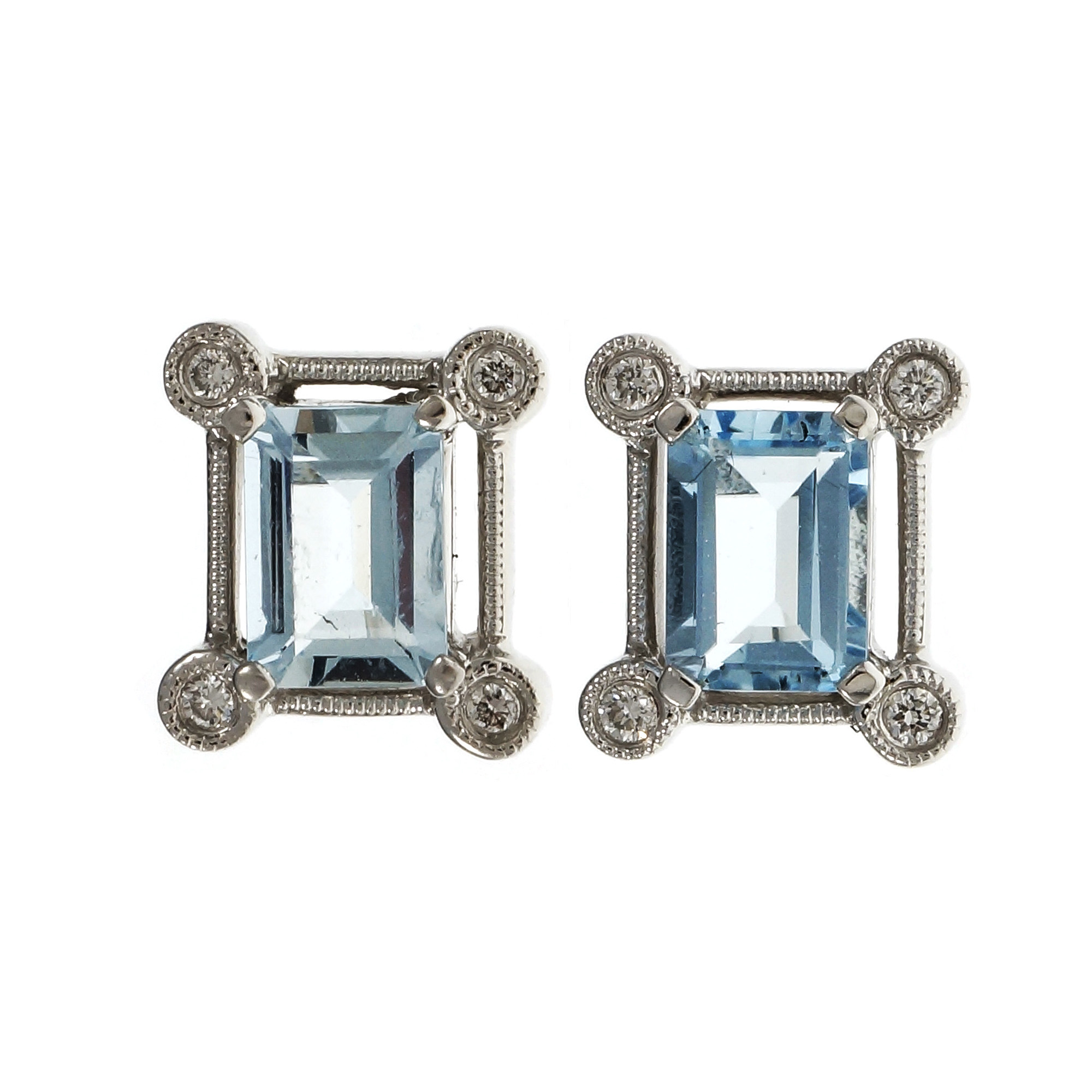 14K White Gold Diamond Emerald Cut Aquamarine Earrings 