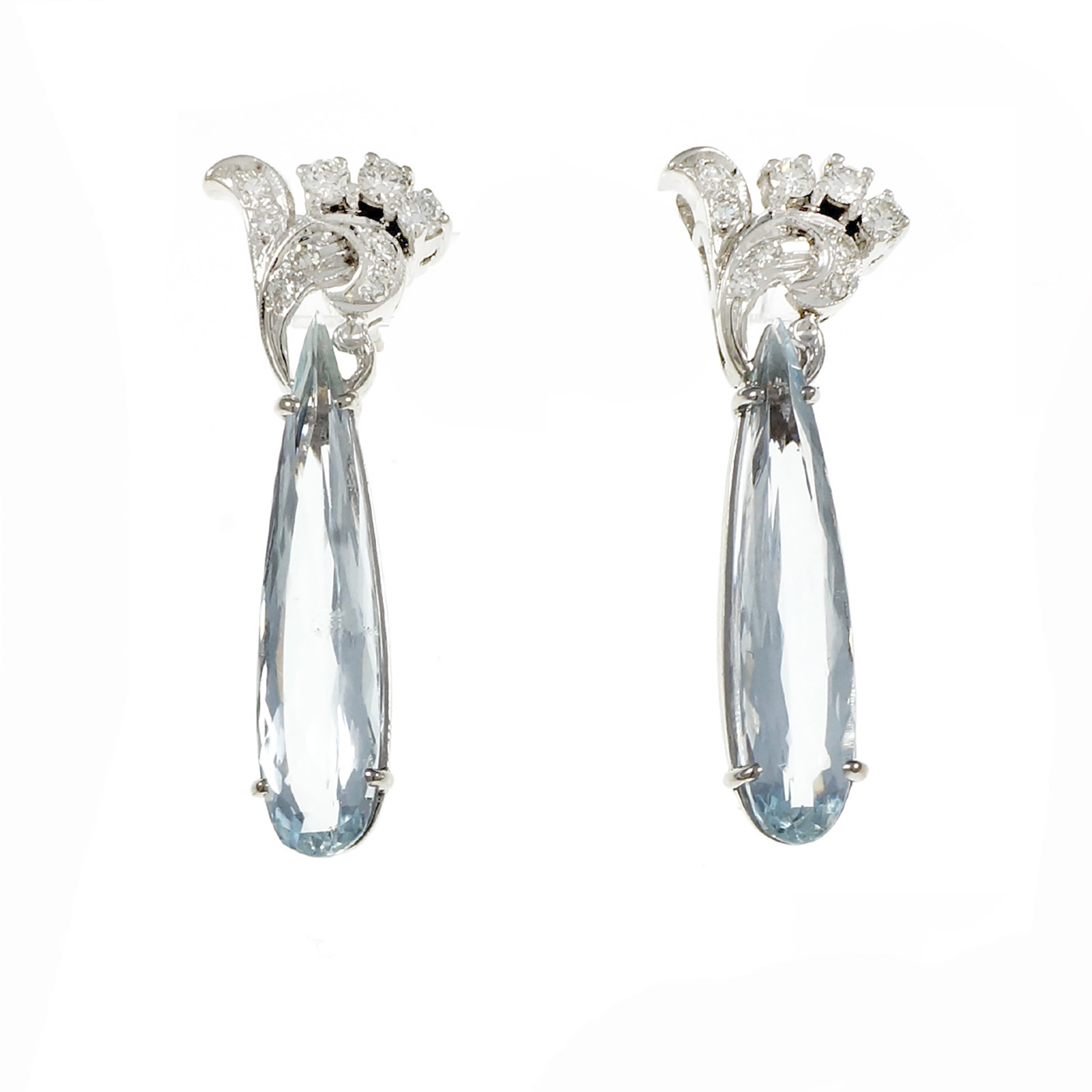 14K White Gold Diamond Pear Aquamarine Drop Earrings 