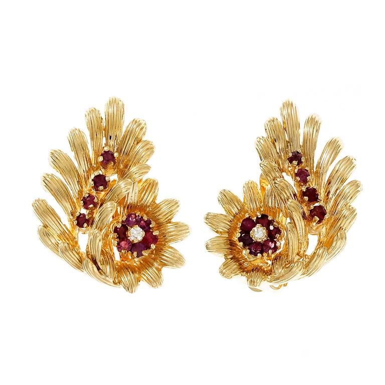 14K Yellow Gold Red Ruby Diamond Clip Post Earrings 