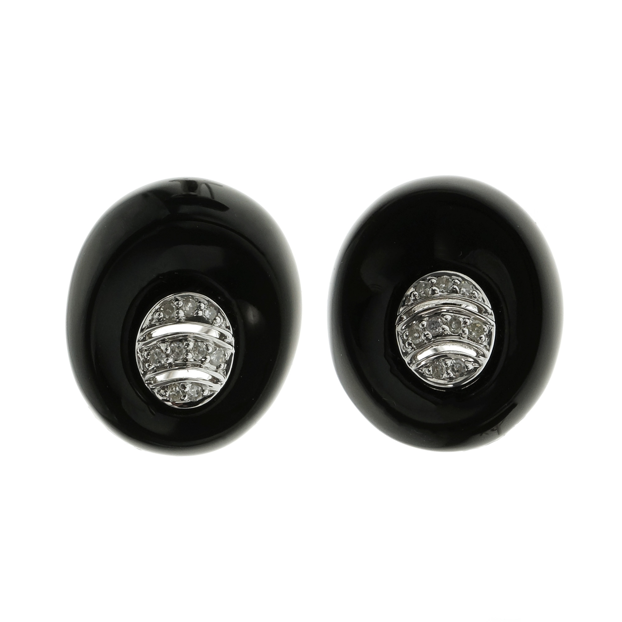 14K White Gold Carved Elliptical Black Onyx Diamond Earrings 
