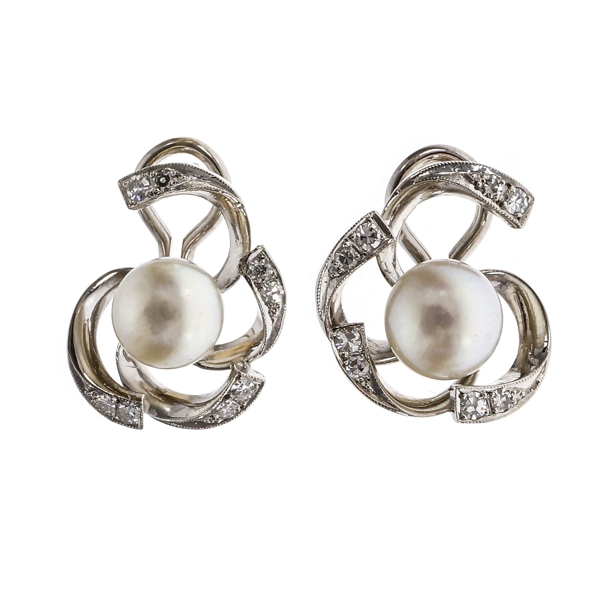 14K White Gold Diamond Pearl Open Swirl Earrings 